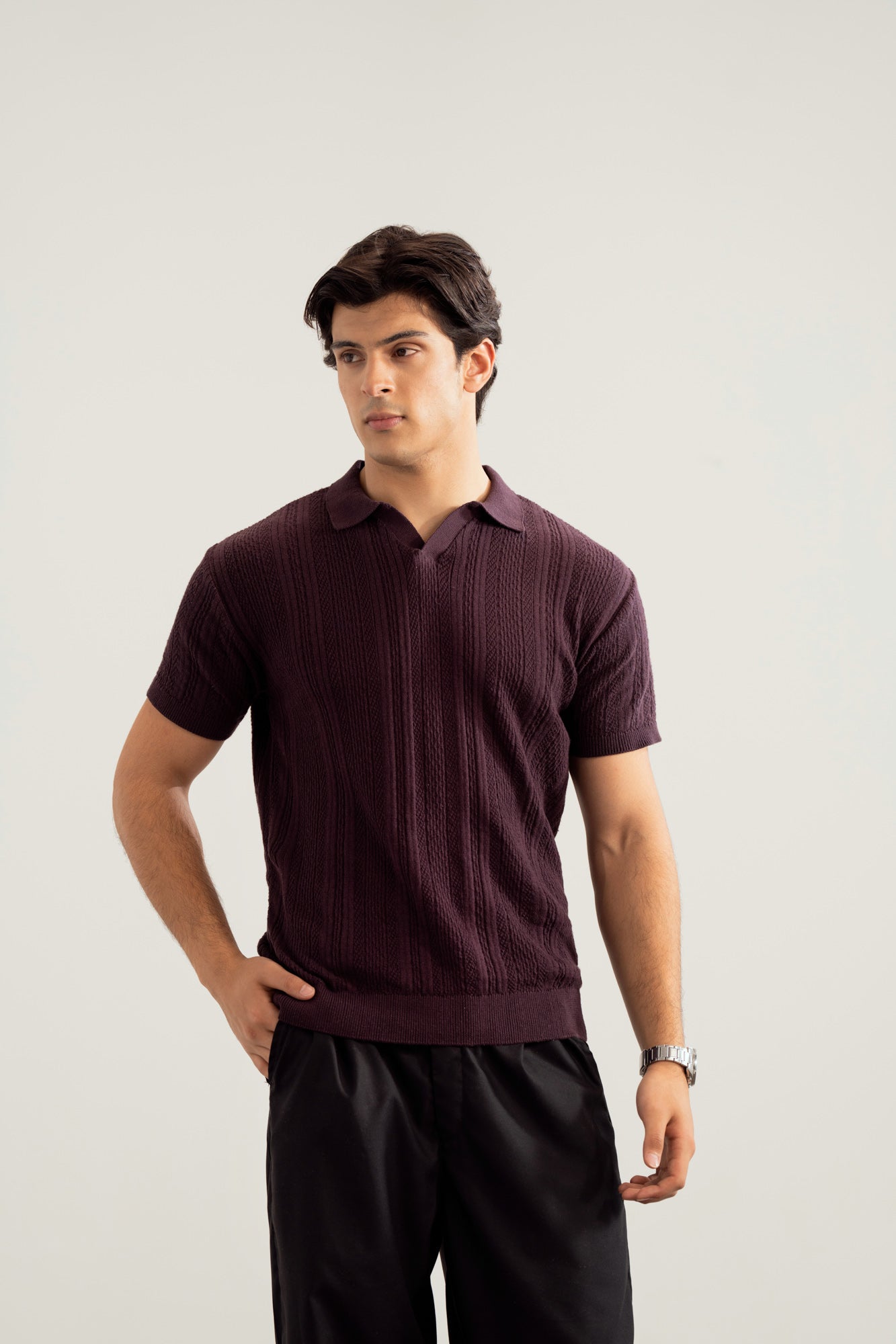 Dark Purple Wave Knitted Polo - Men