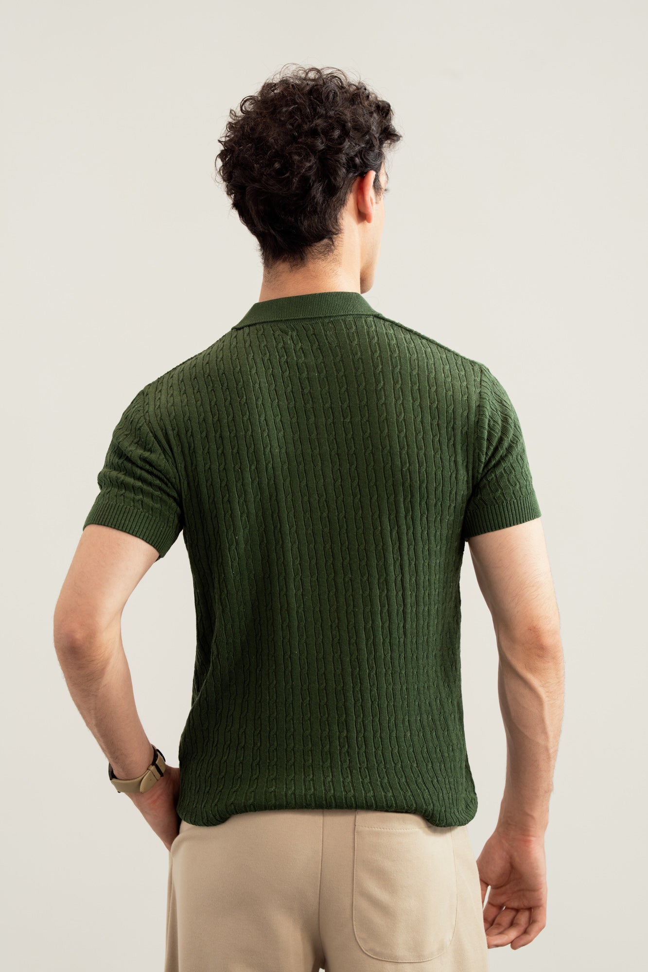 Dark Green Cable Knit Polo - Men