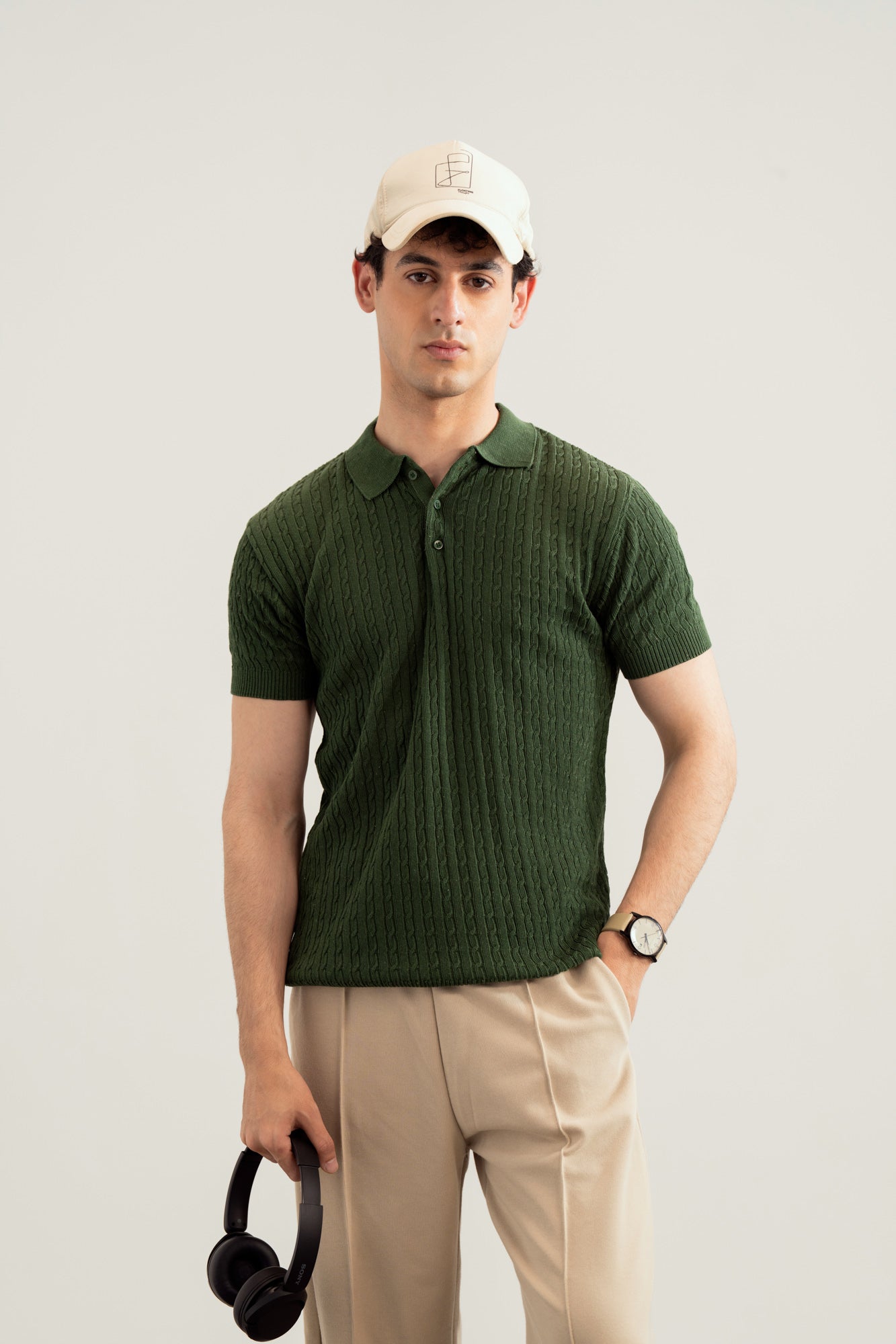Dark Green Cable Knit Polo - Men