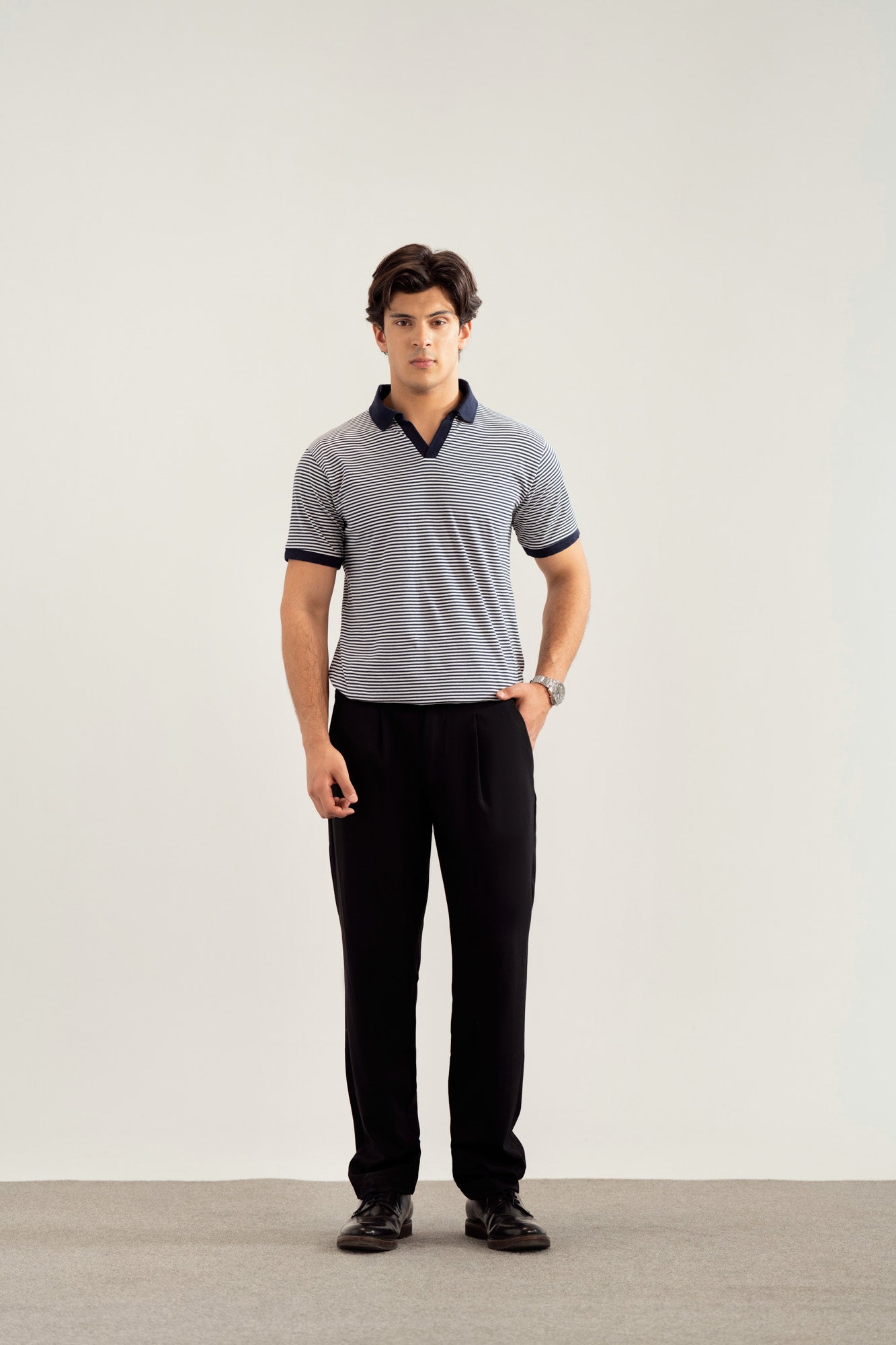 Off white and Blue Striper Johhny Resort Polo - Contrast Collar - Men