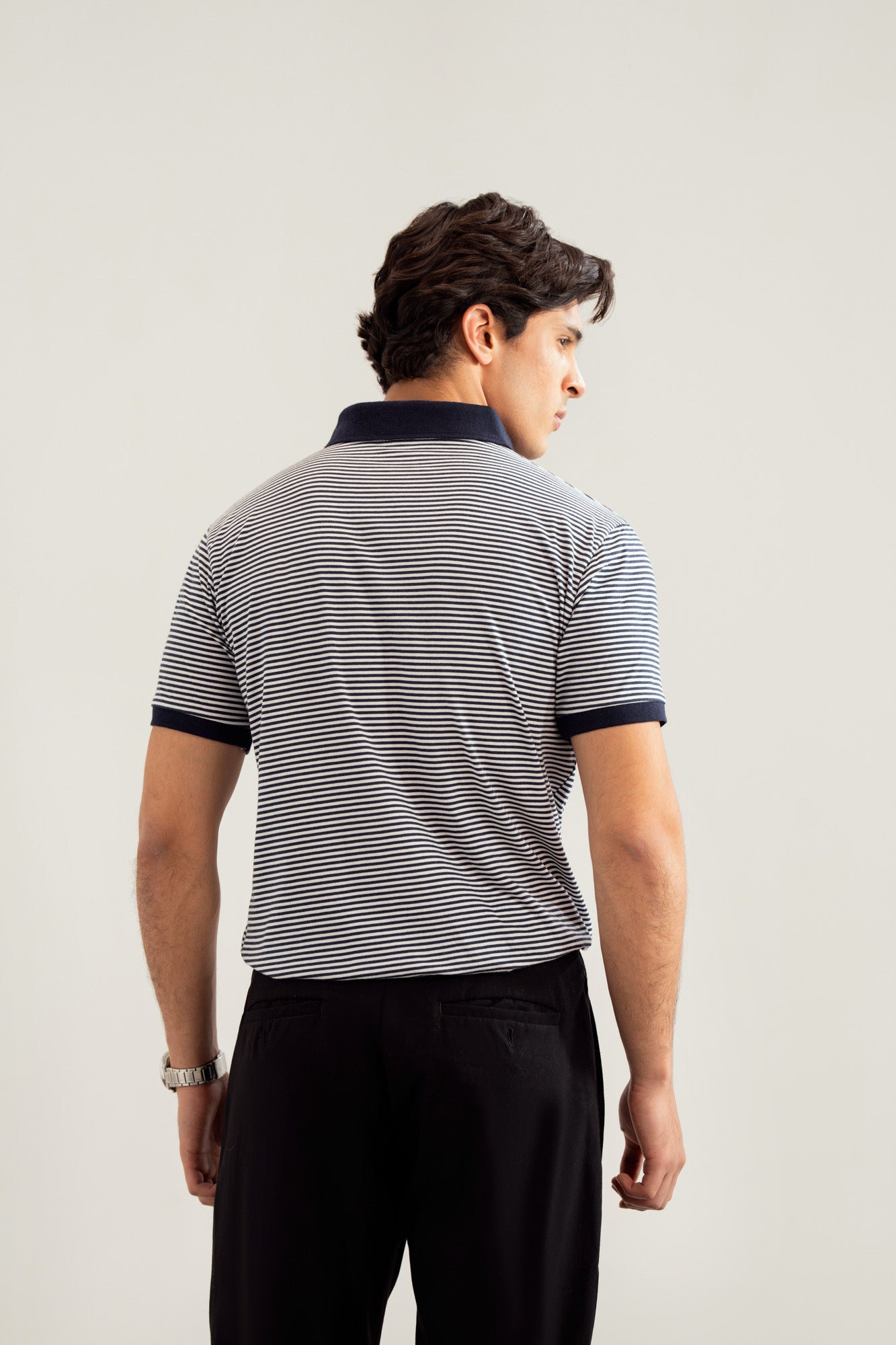 Off white and Blue Striper Johhny Resort Polo - Contrast Collar - Men