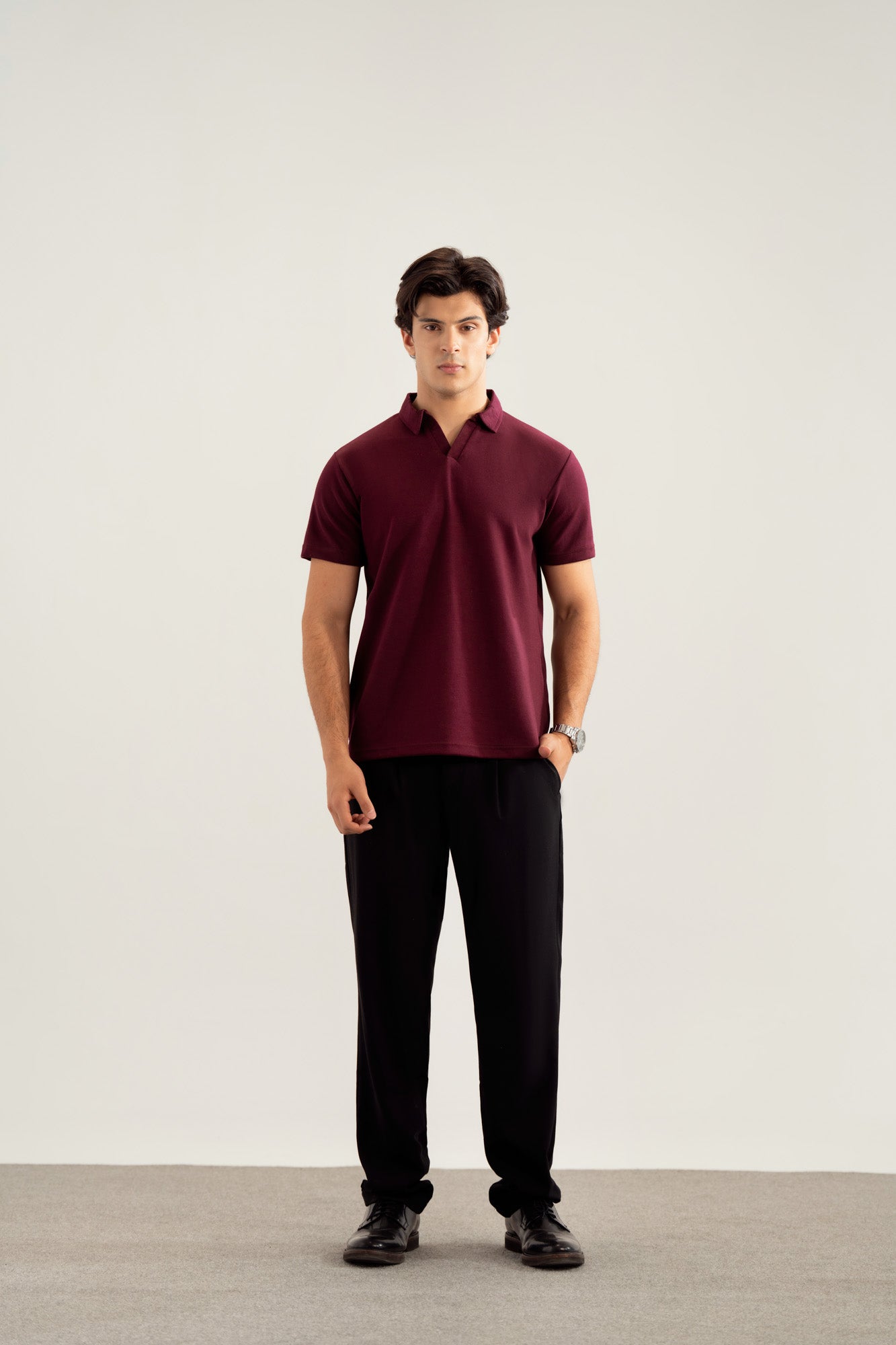 Maroon Interlock Johnny Collar Polo - Smart Fit - Men