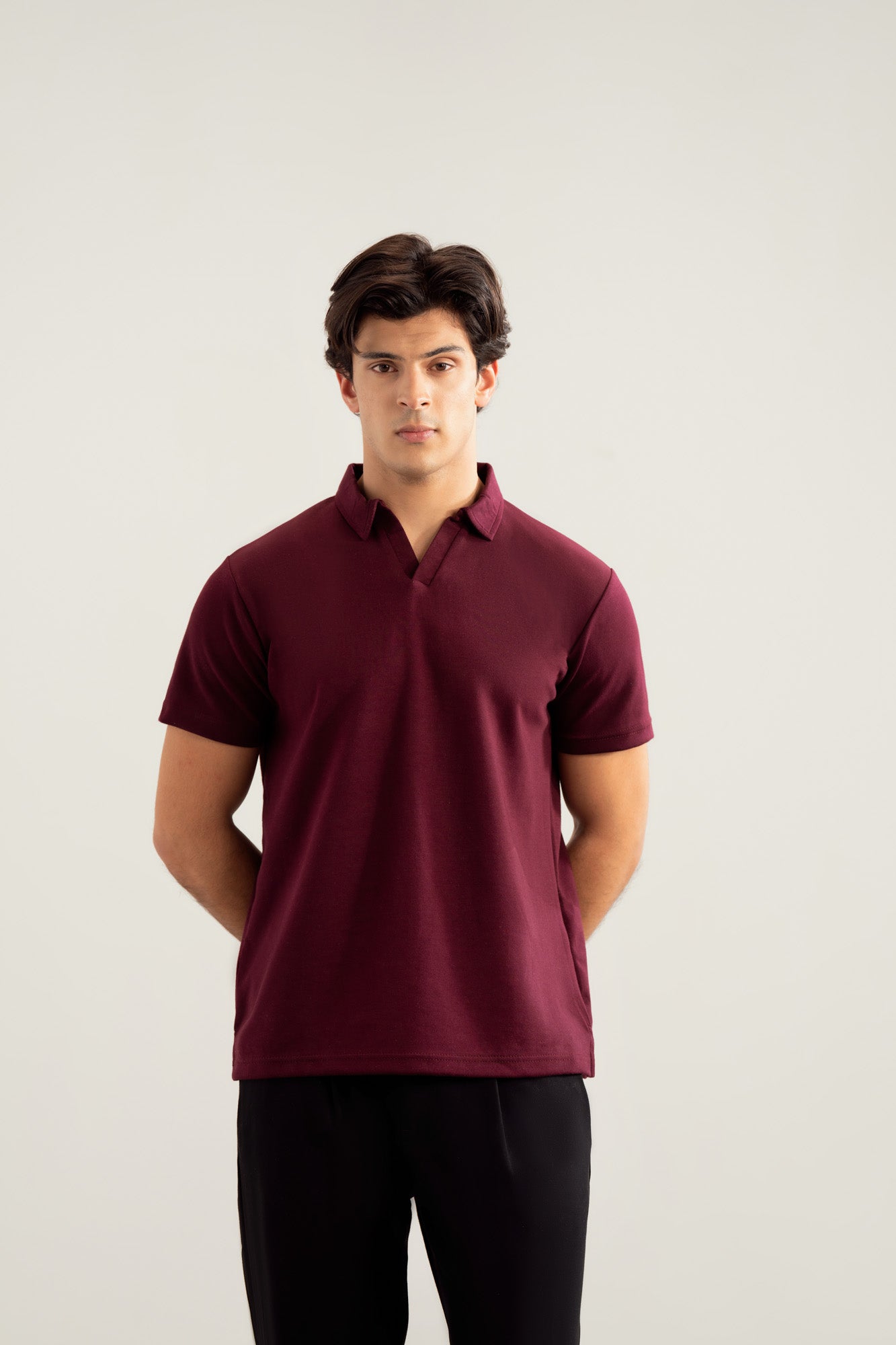 Maroon Interlock Johnny Collar Polo - Smart Fit - Men
