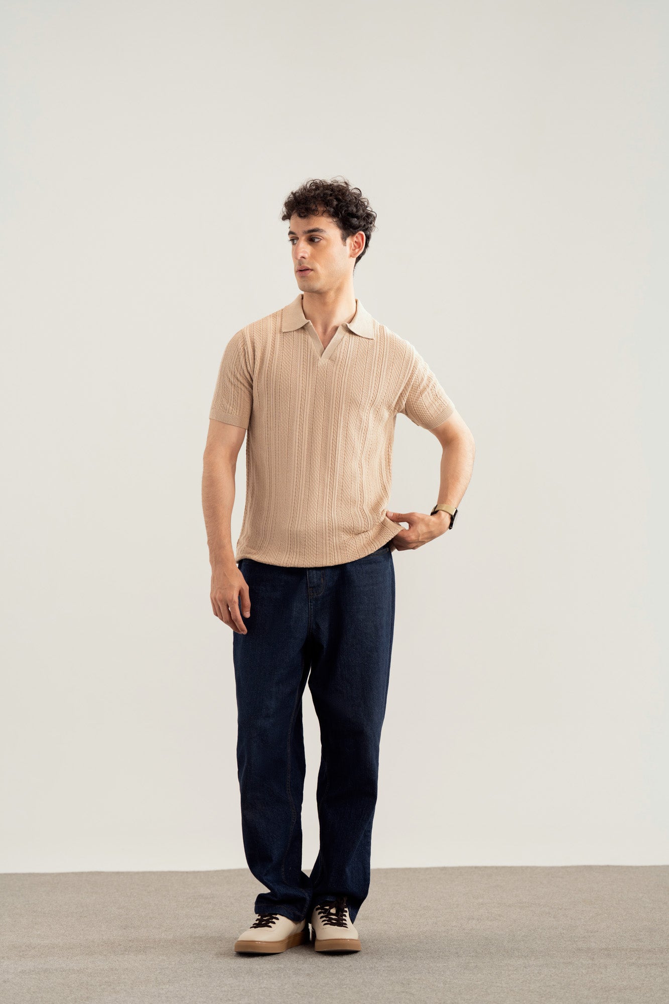 Beige Wave Knitted Polo - Men