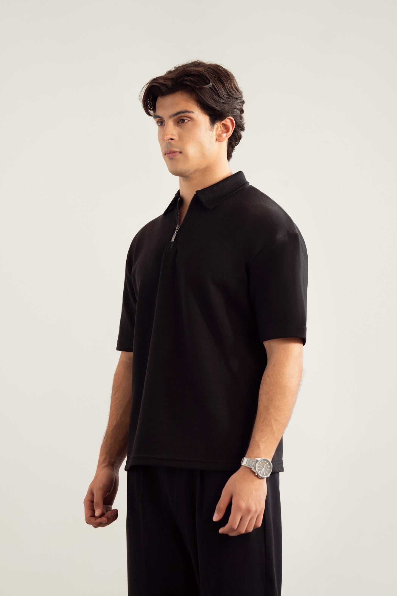 Black Interlock Zipper Polo - Boxy Fit - Men