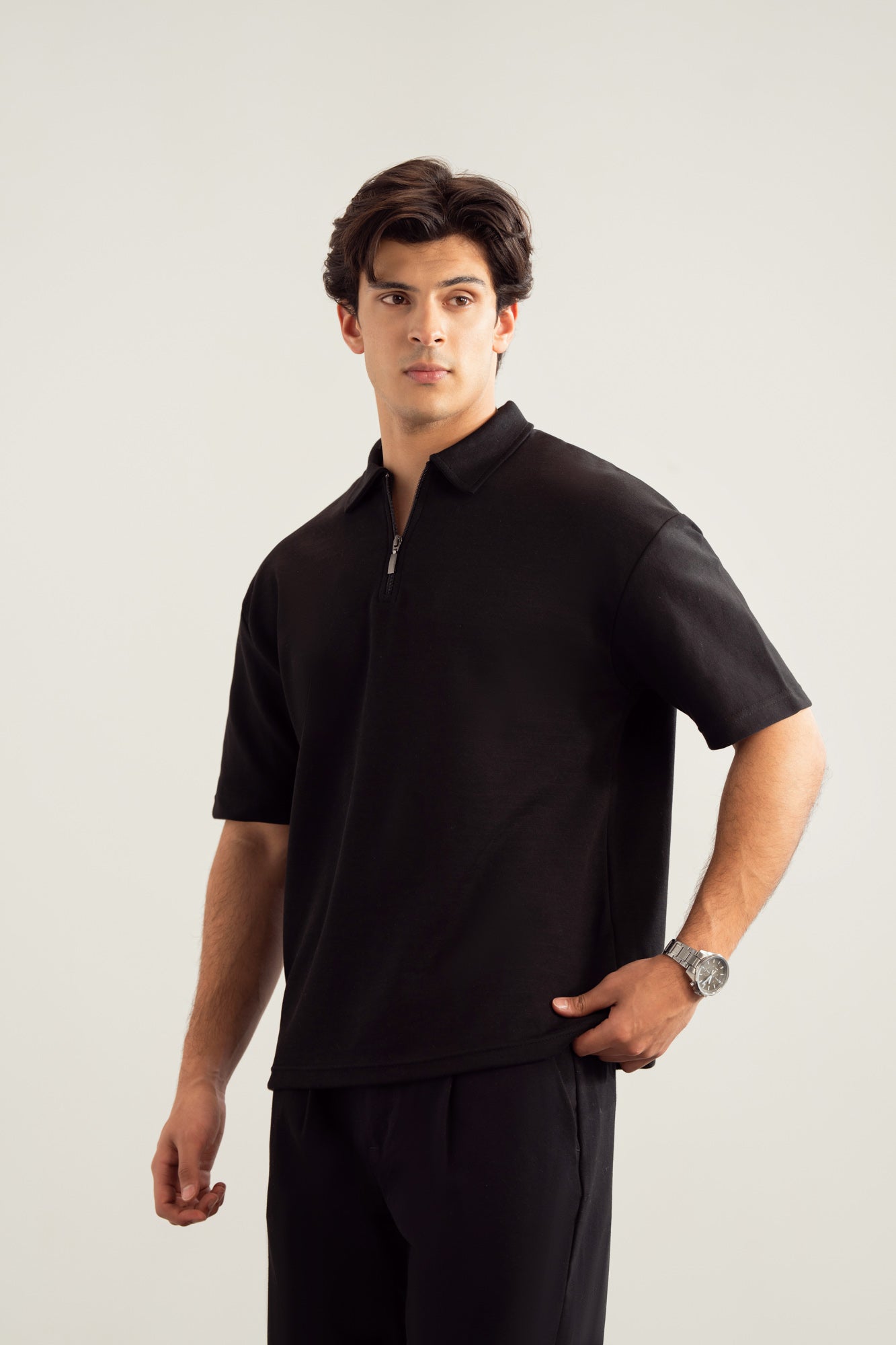 Black Interlock Zipper Polo - Boxy Fit - Men