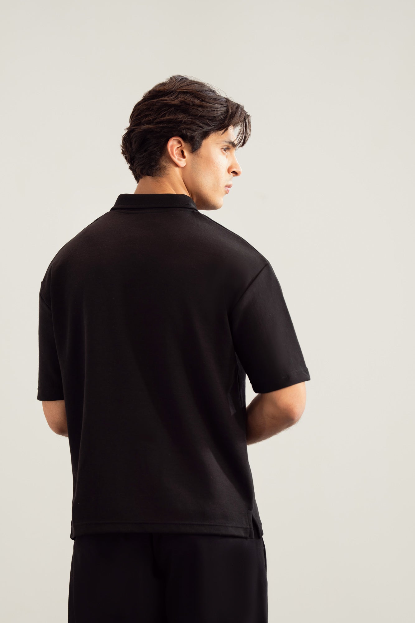 Black Interlock Zipper Polo - Boxy Fit - Men