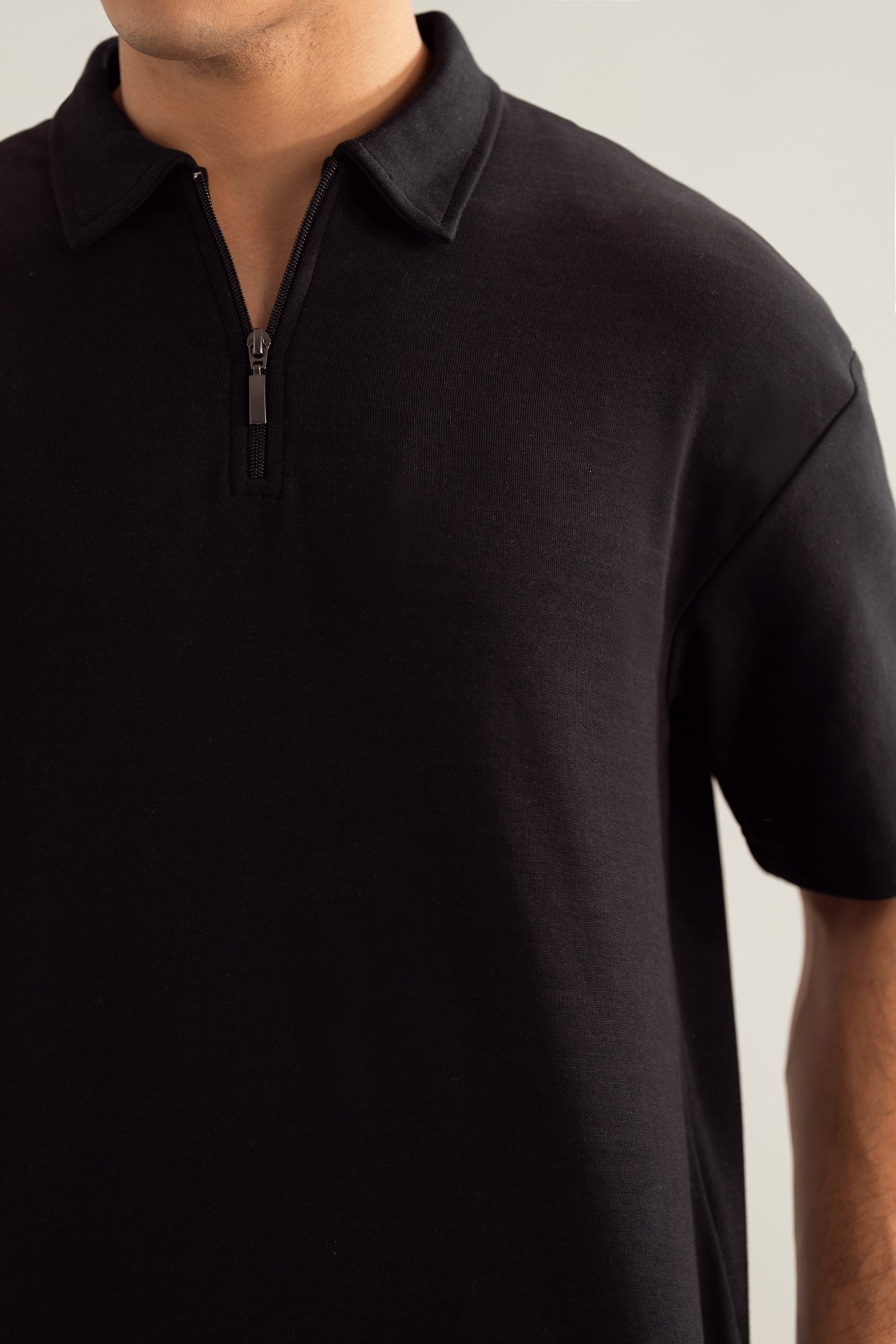 Black Interlock Zipper Polo - Boxy Fit - Men