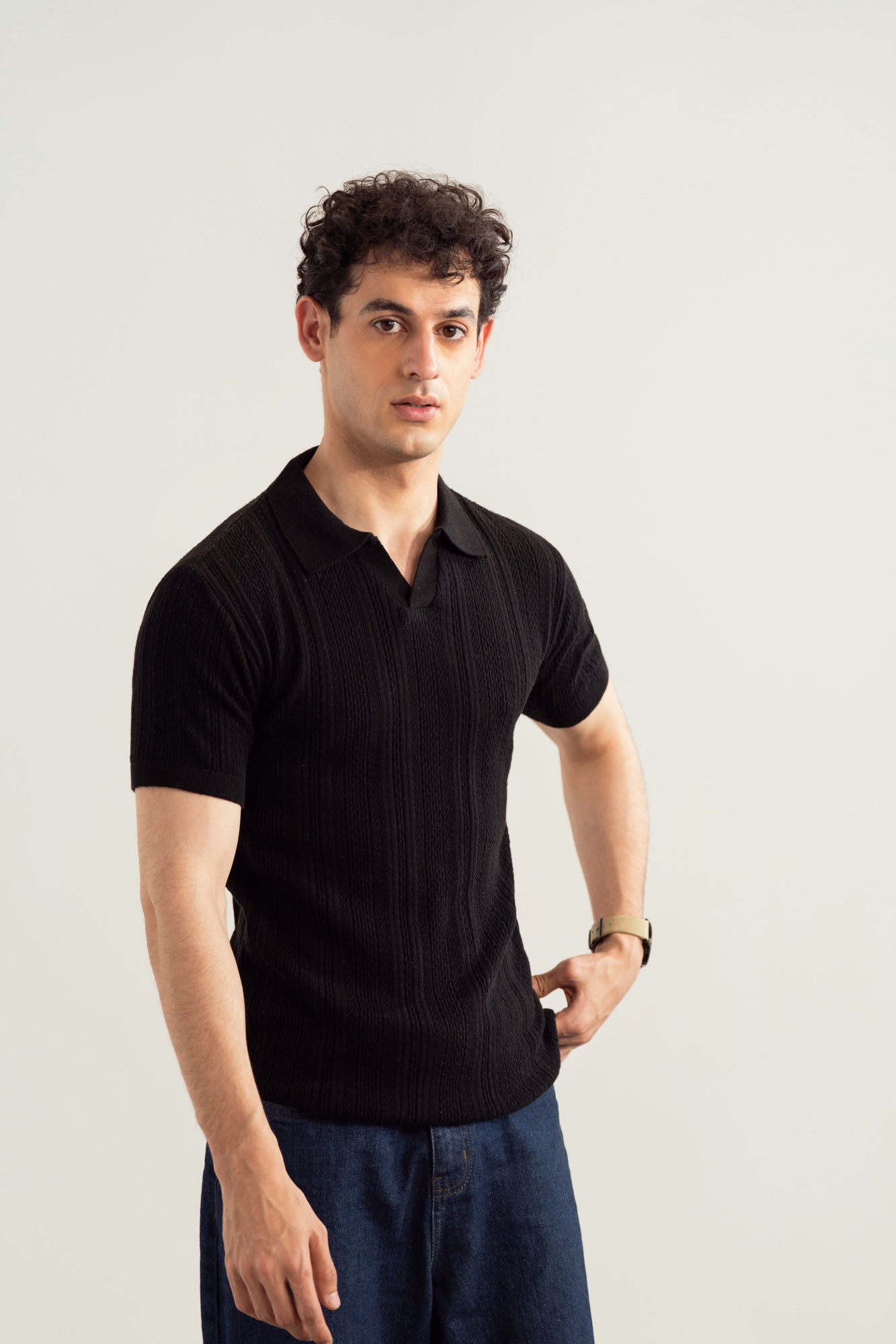Black Wave Knitted Polo - Men