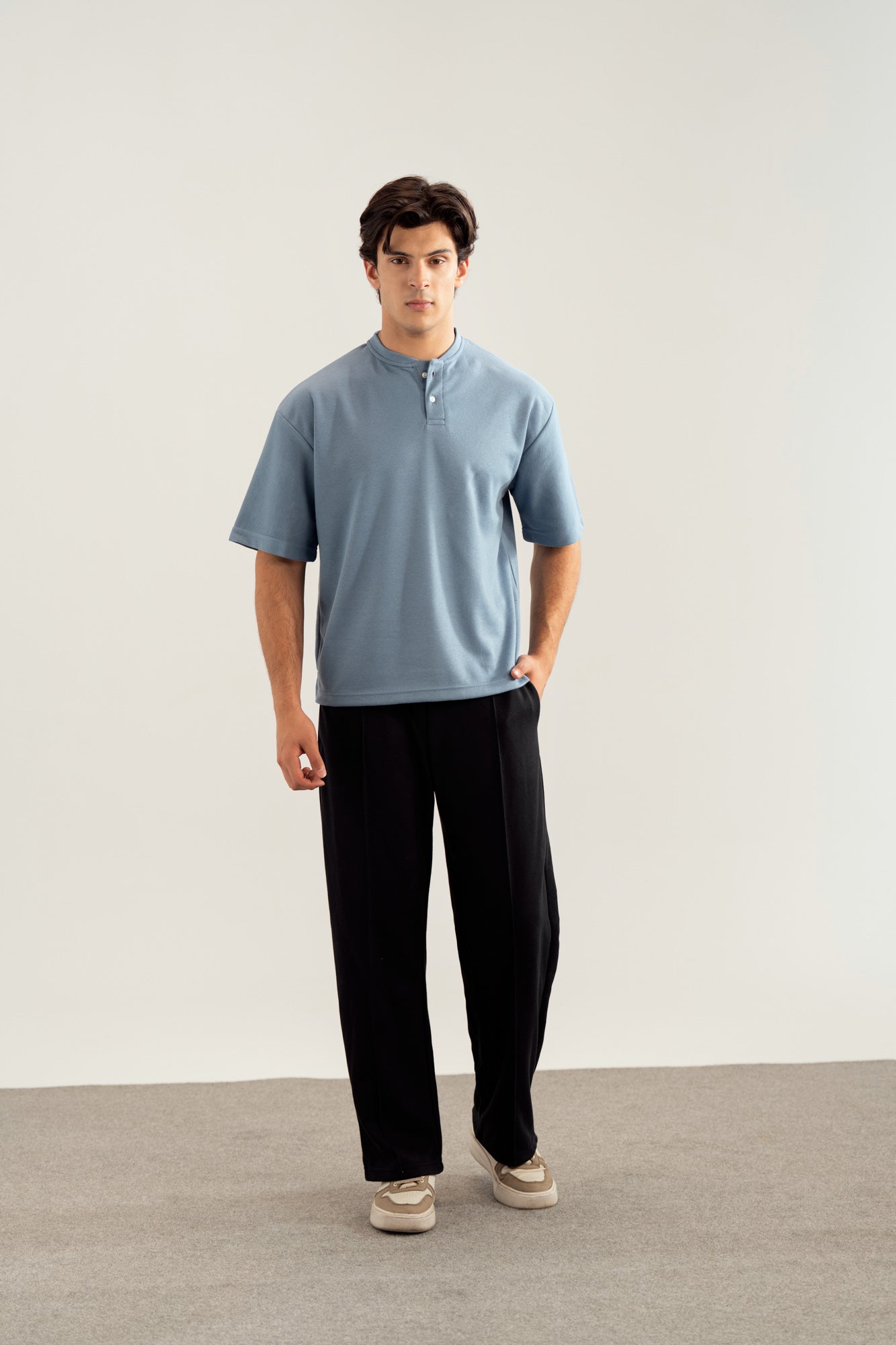 Sky Blue Interlock Oversized Henley Tee - Men