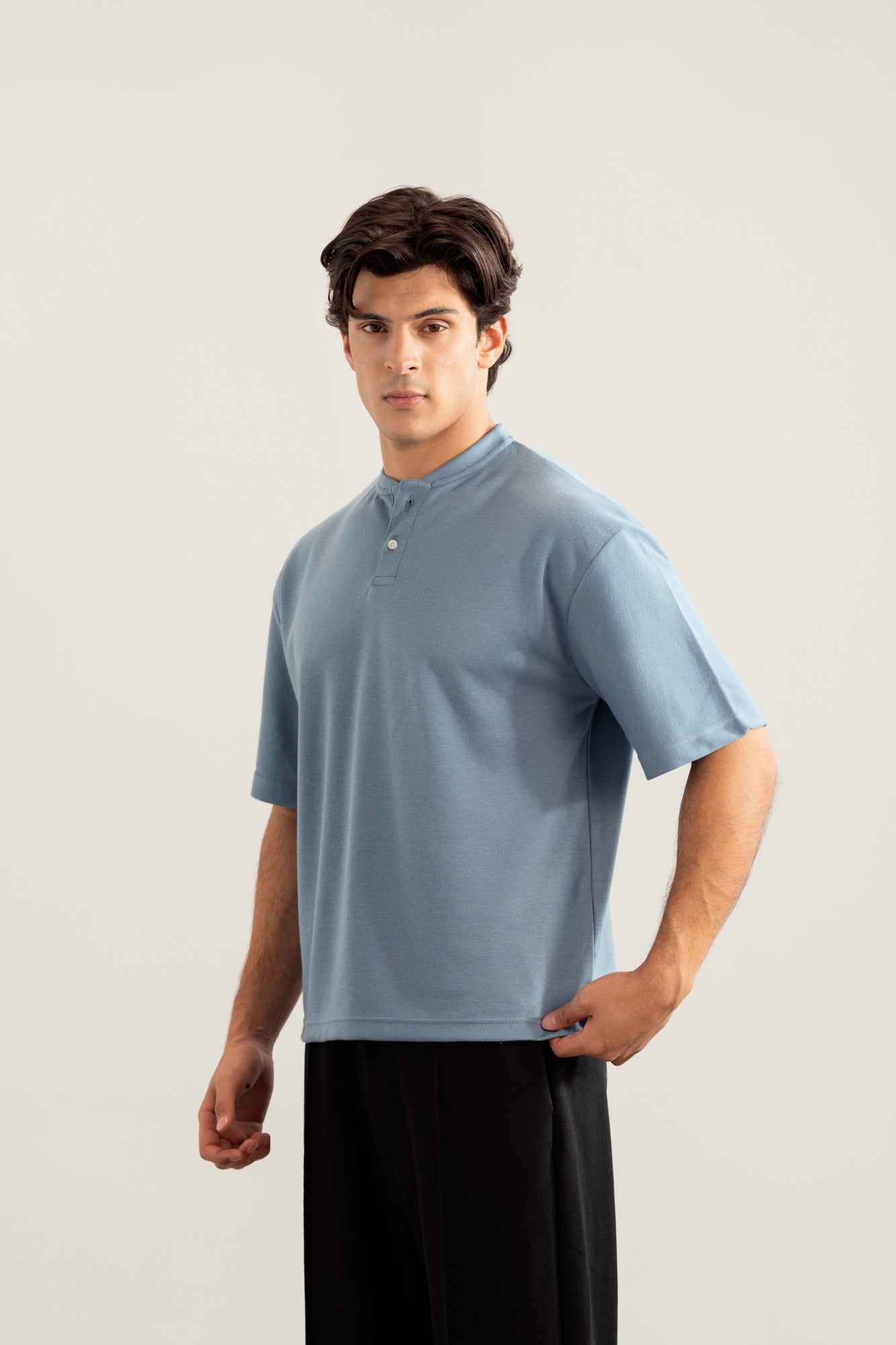 Sky Blue Interlock Oversized Henley Tee - Men