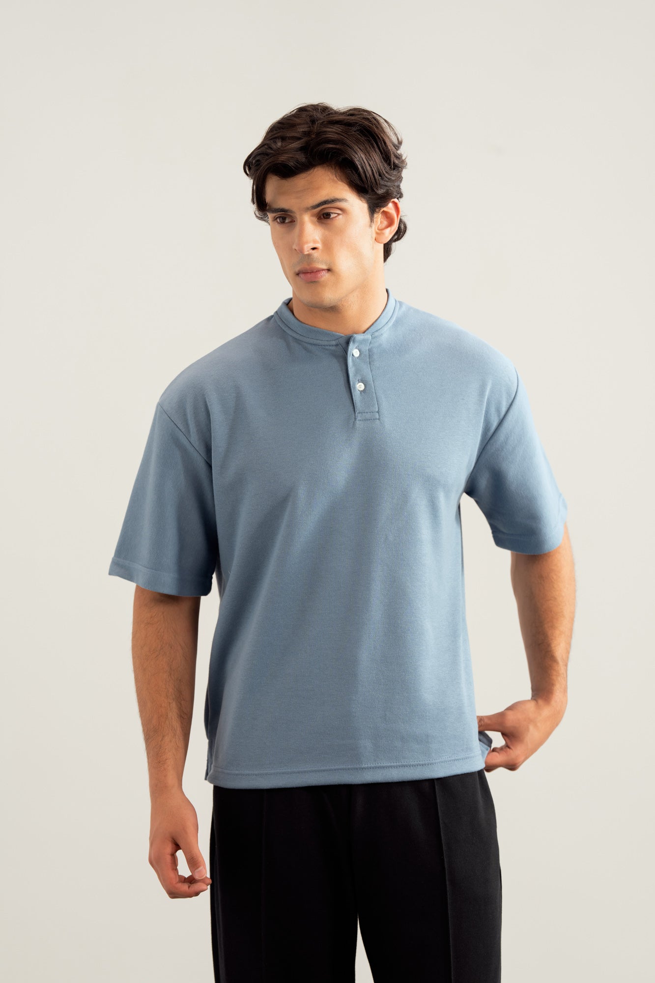 Sky Blue Interlock Oversized Henley Tee - Men