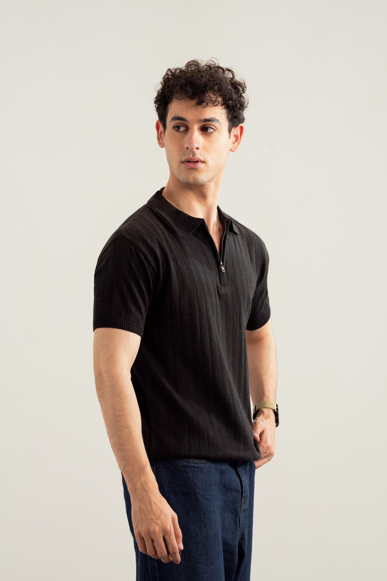 Black Drop Needle Zipper Knitted Polo - Men