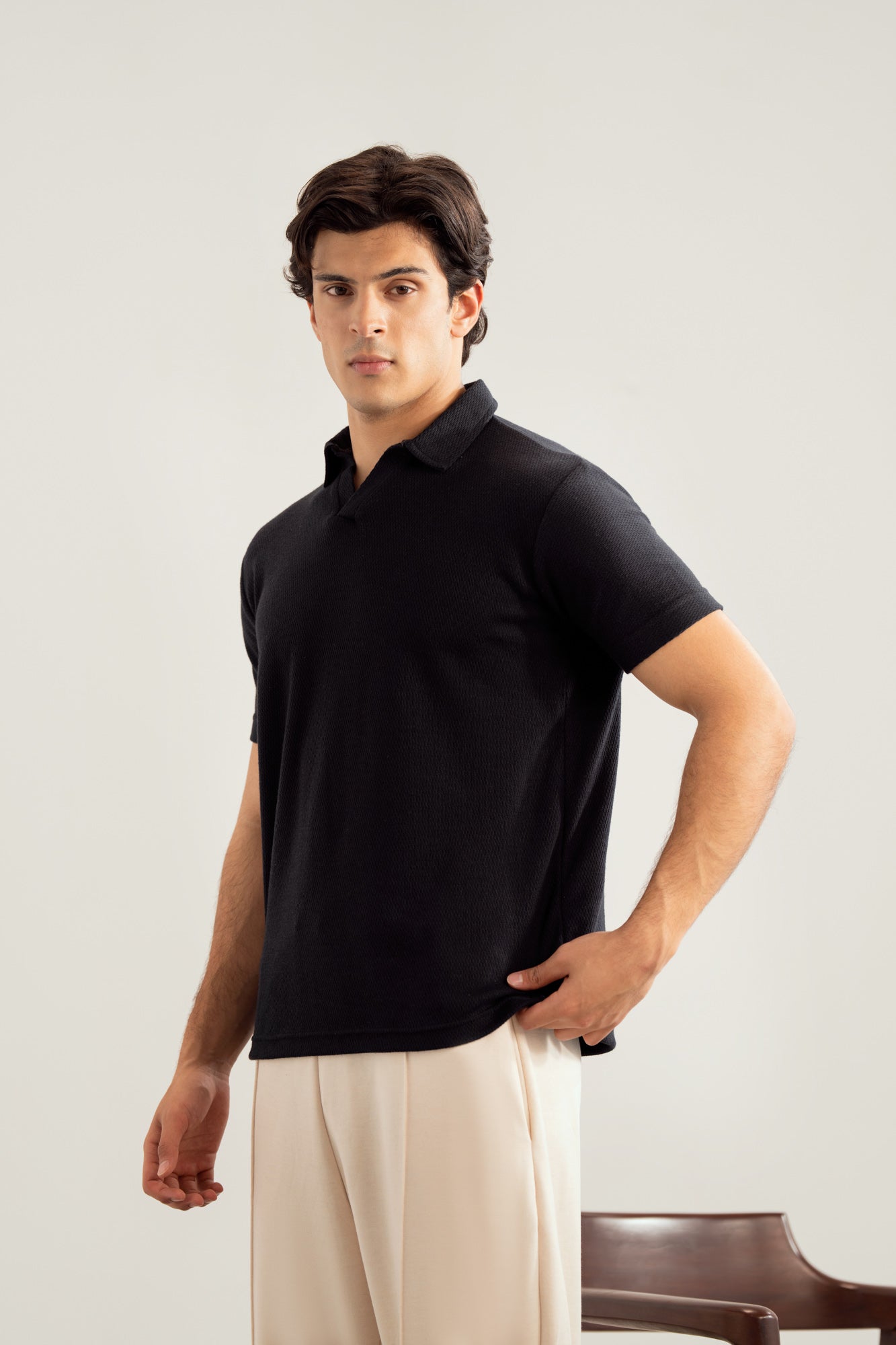 Black Mesh Thermal Knit Polo - Smart Fit - Men