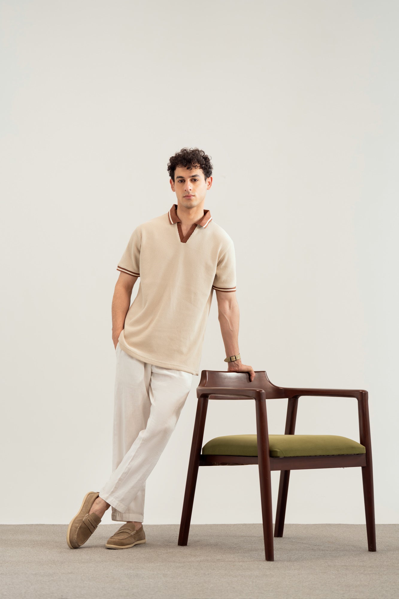 Beige White Waffle Johnny Resort Polo - Contrast Collar - Men - Men