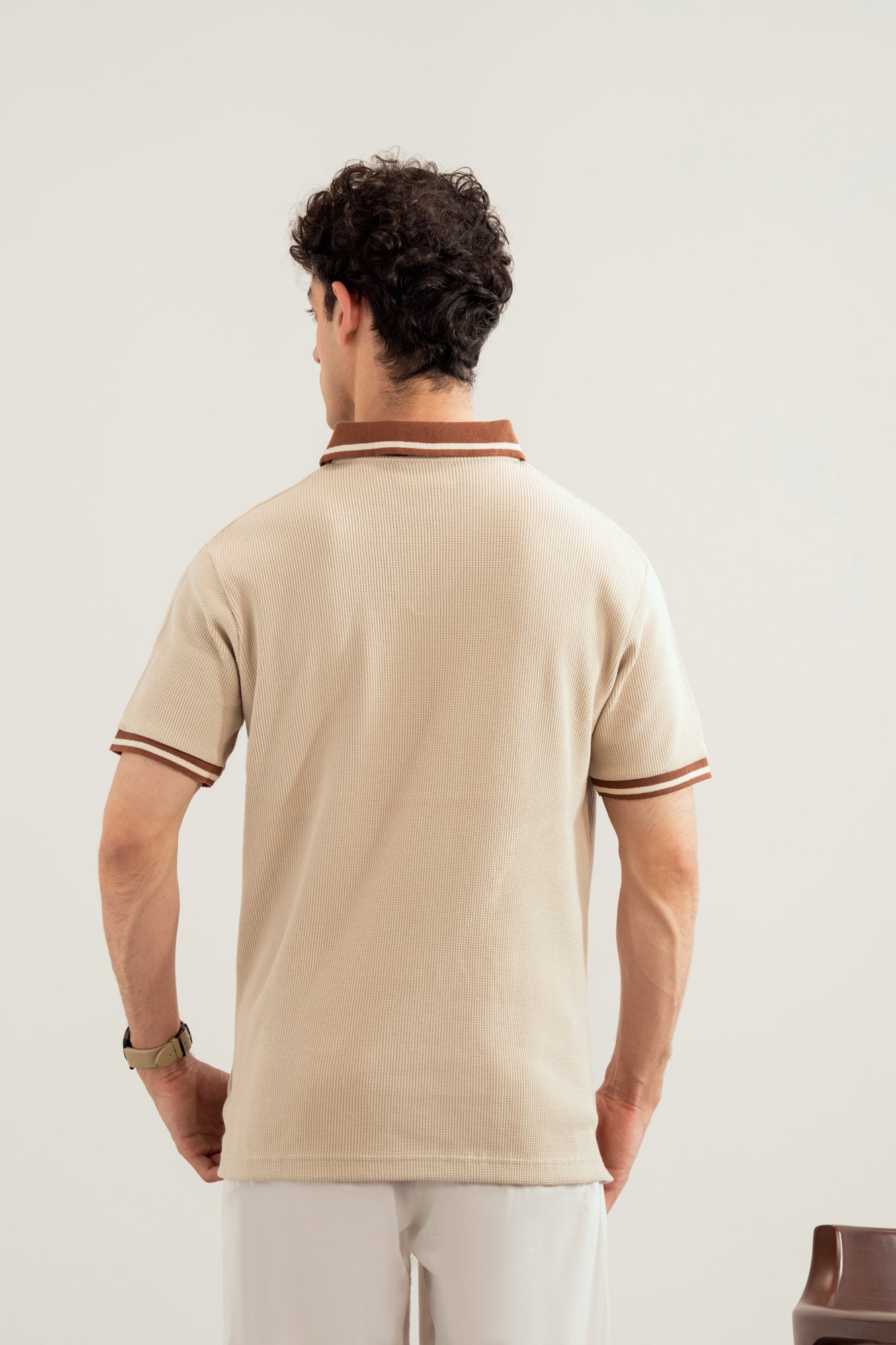 Beige White Waffle Johnny Resort Polo - Contrast Collar - Men