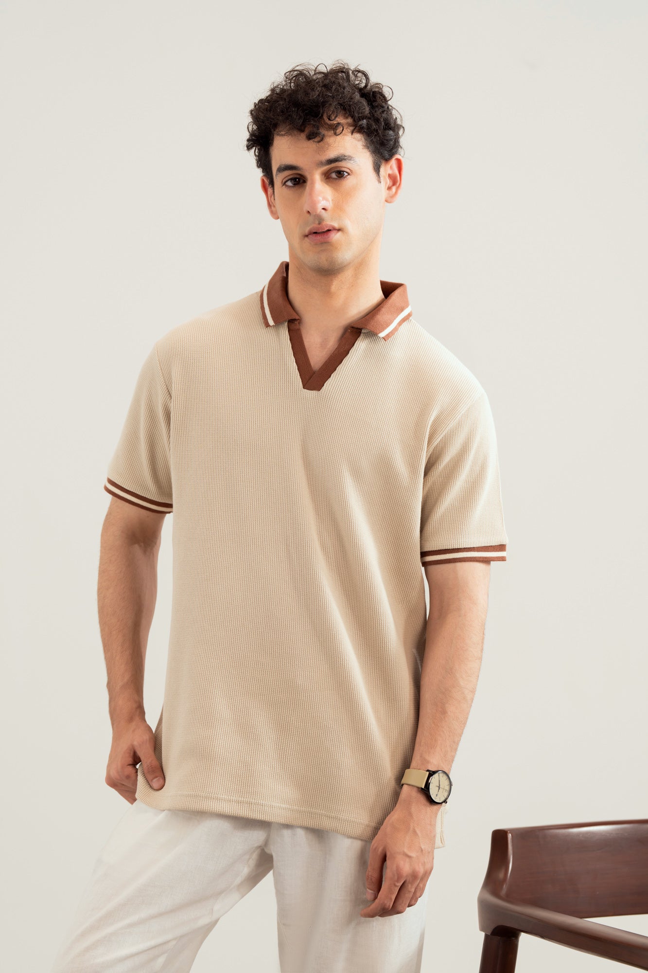 Beige White Waffle Johnny Resort Polo - Contrast Collar - Men