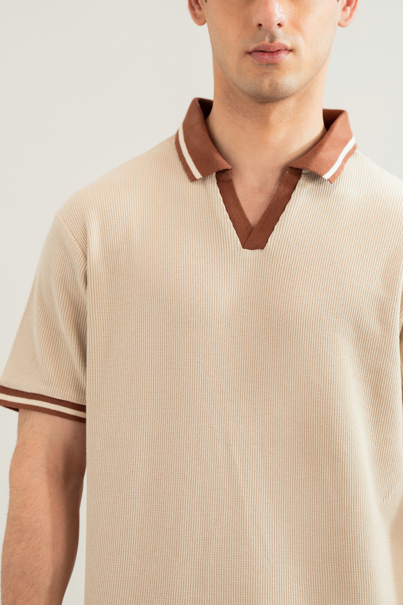 Beige White Waffle Johnny Resort Polo - Contrast Collar - Men