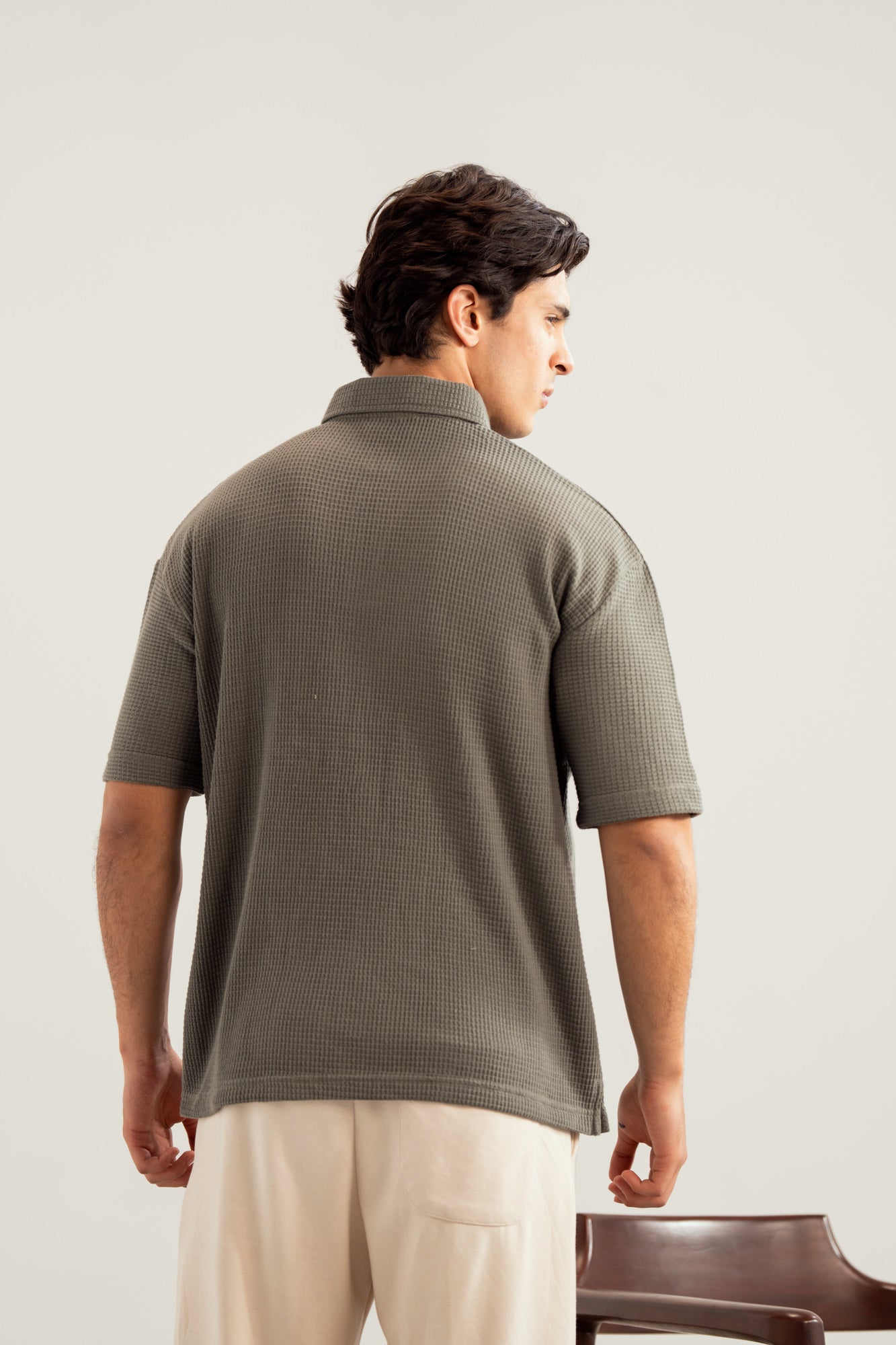 Olive Waffle Zipper Polo - Boxy Fit - Men