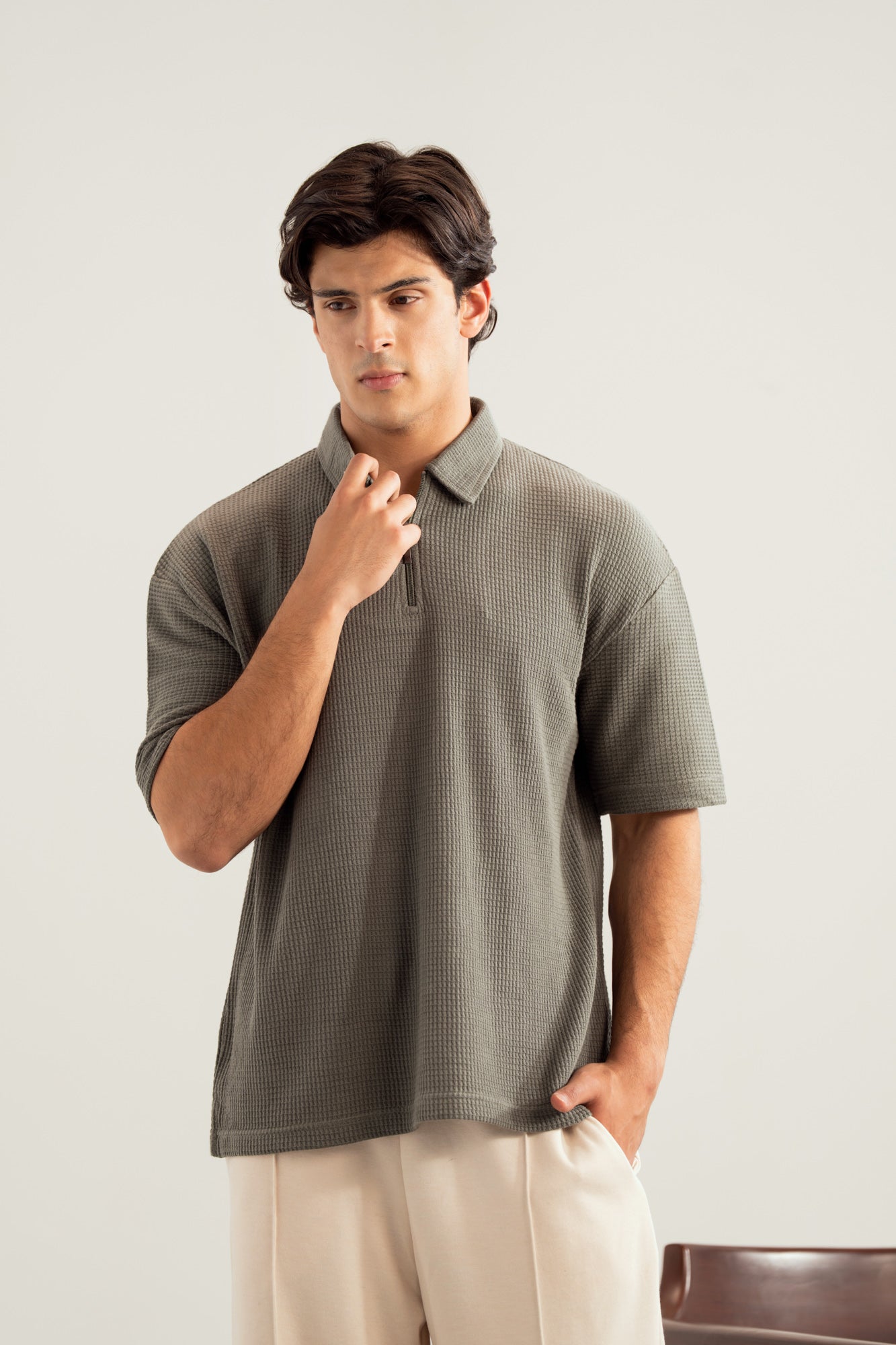 Olive Waffle Zipper Polo - Boxy Fit - Men