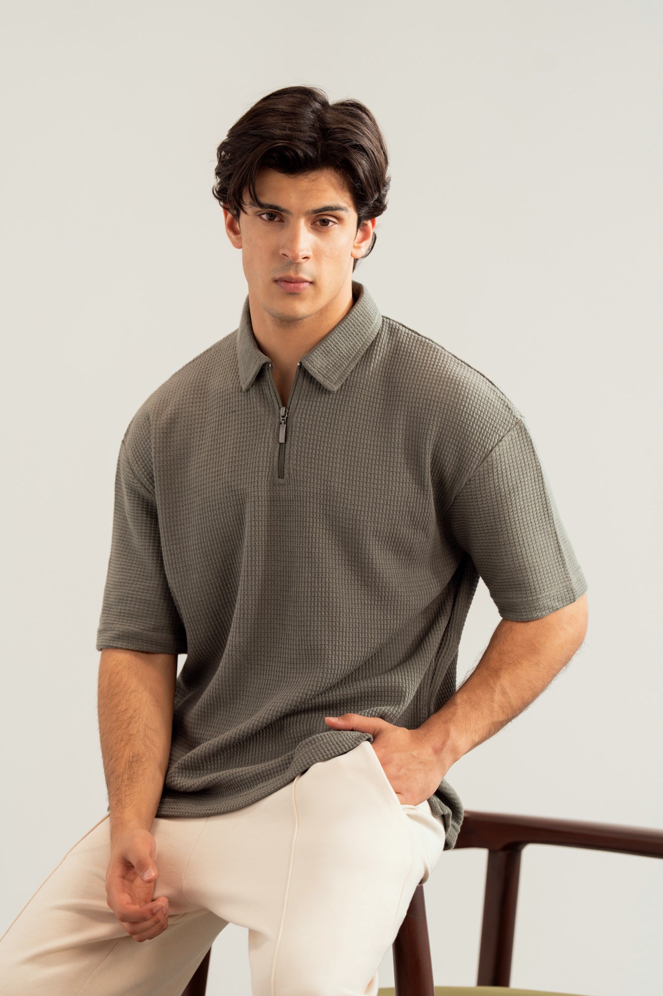 Olive Waffle Zipper Polo - Boxy Fit - Men