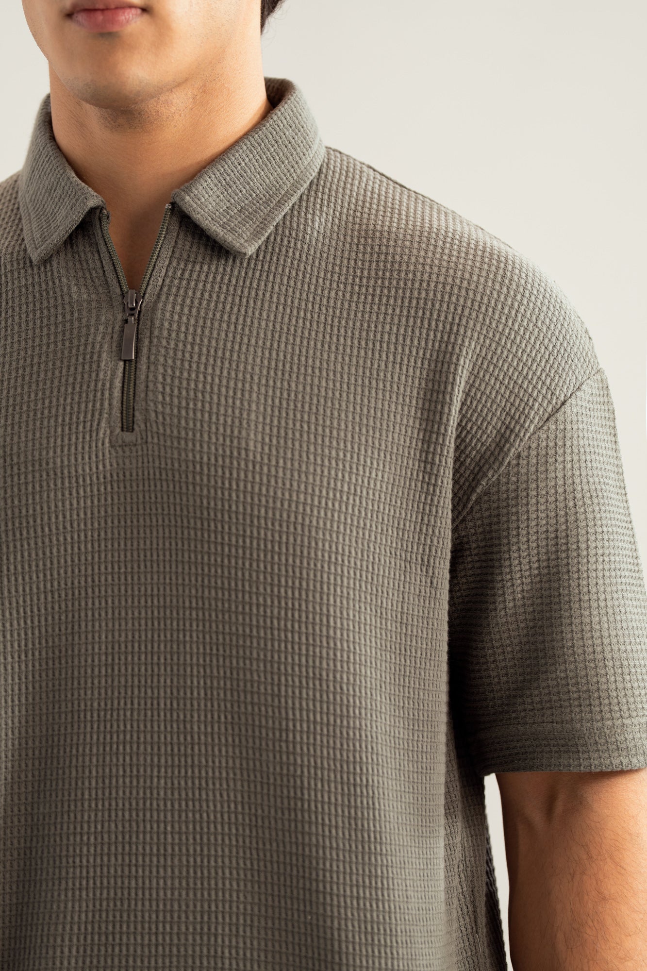 Olive Waffle Zipper Polo - Boxy Fit - Men