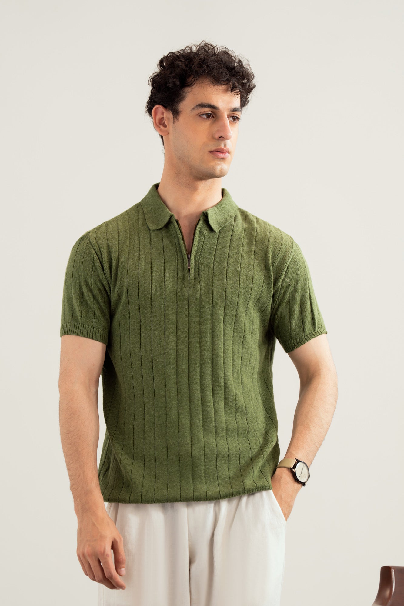 Olive Drop Needle Zipper Knitted Polo - Men