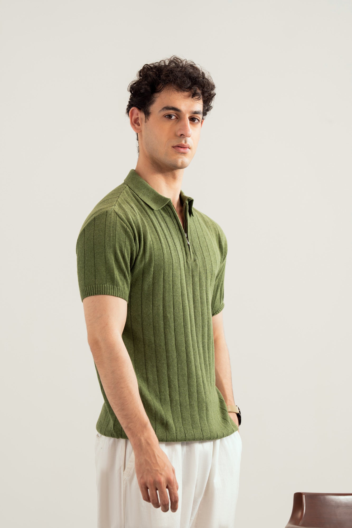 Olive Drop Needle Zipper Knitted Polo - Men