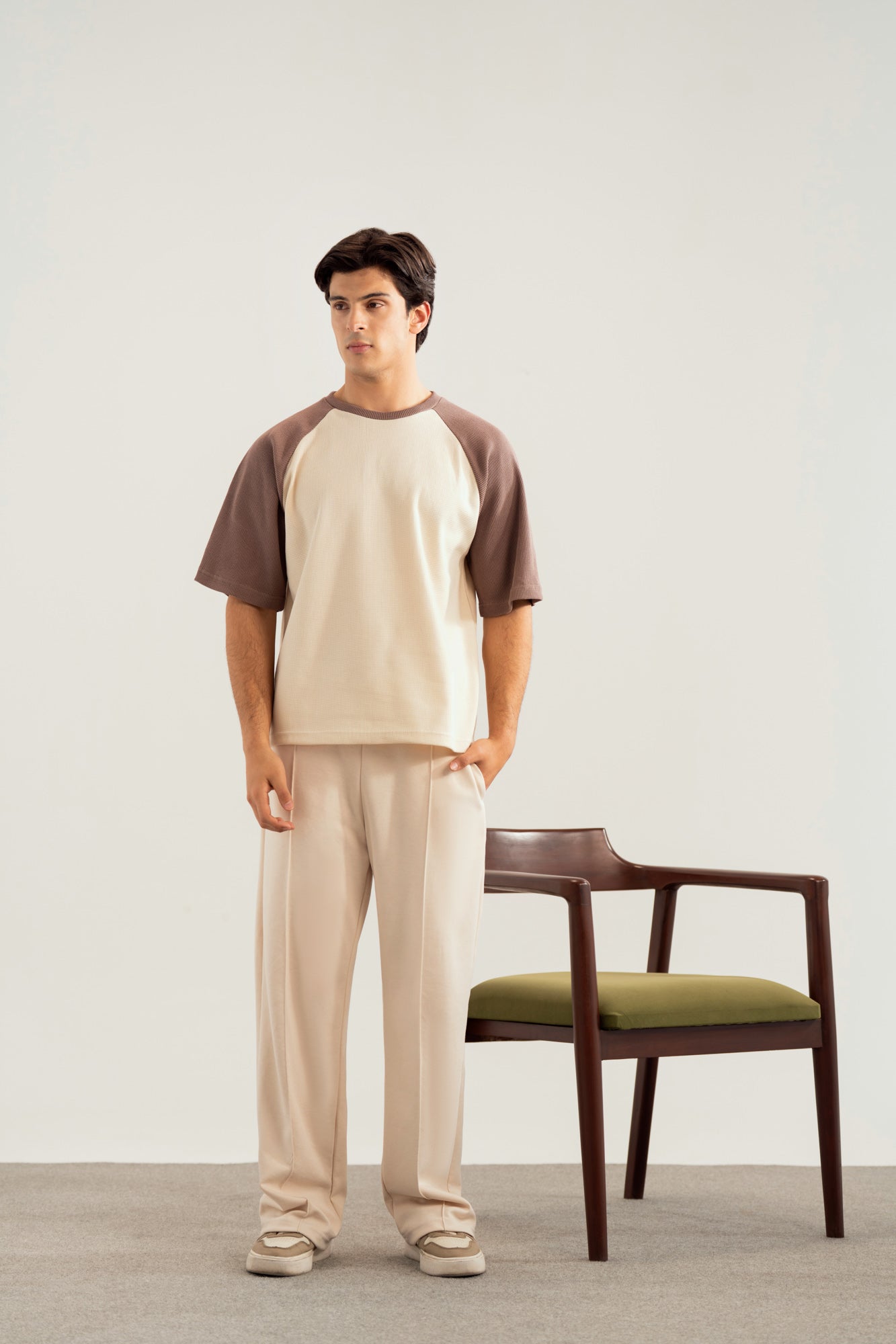 Dull Nude & Off White Waffle Knit Oversized Tee - Men