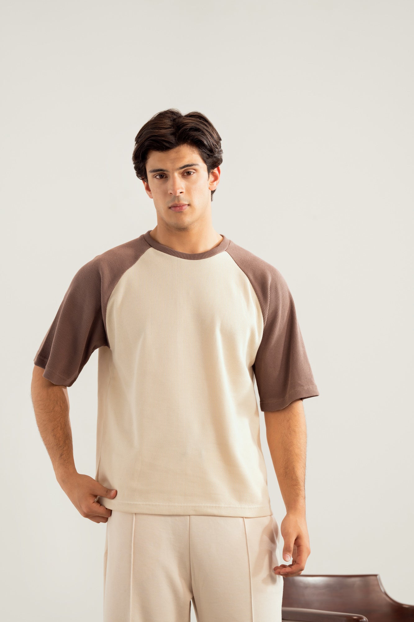 Dull Nude & Off White Waffle Knit Oversized Tee - Men