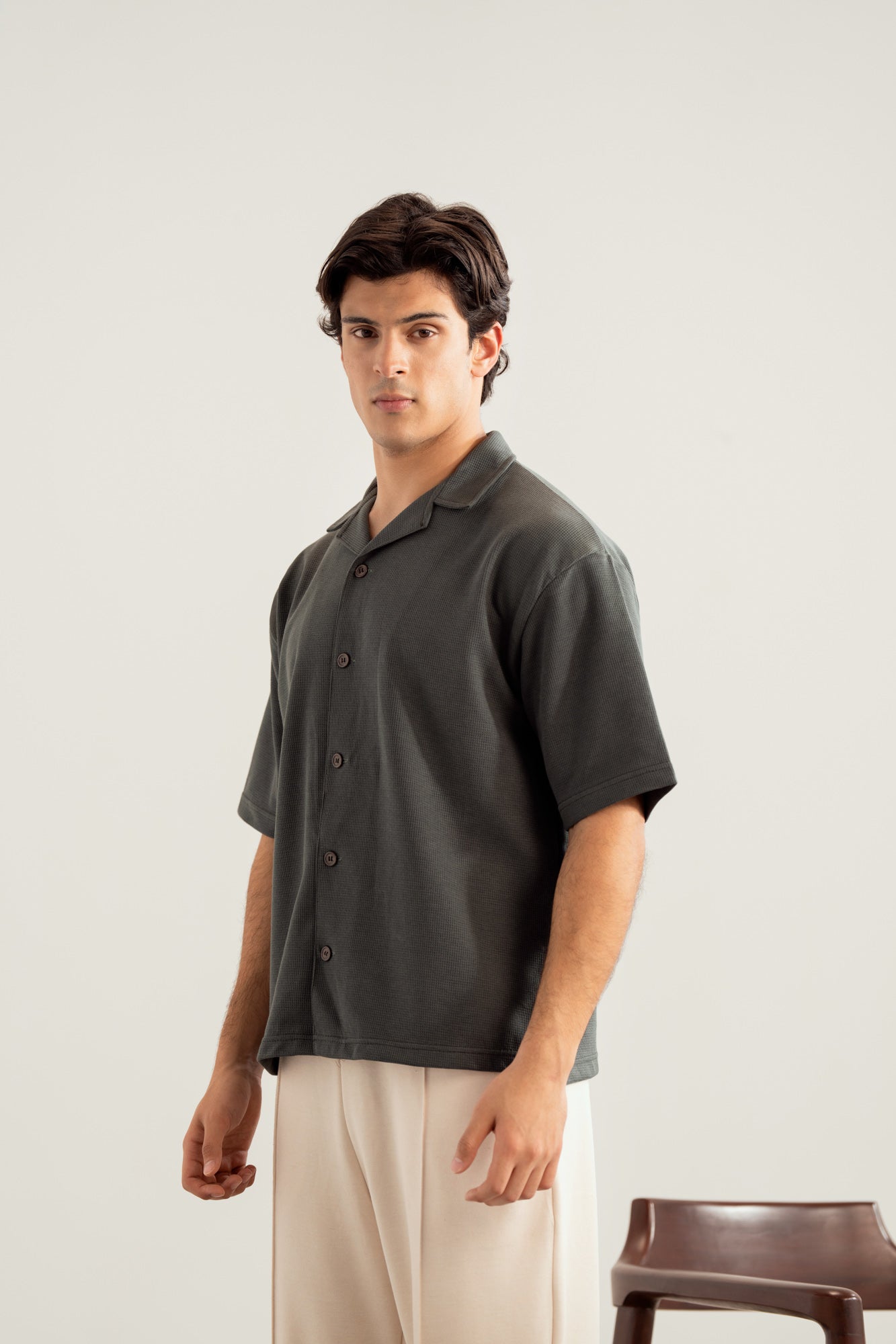 Deep Olive Waffle Boxy Revere Button Down - Men