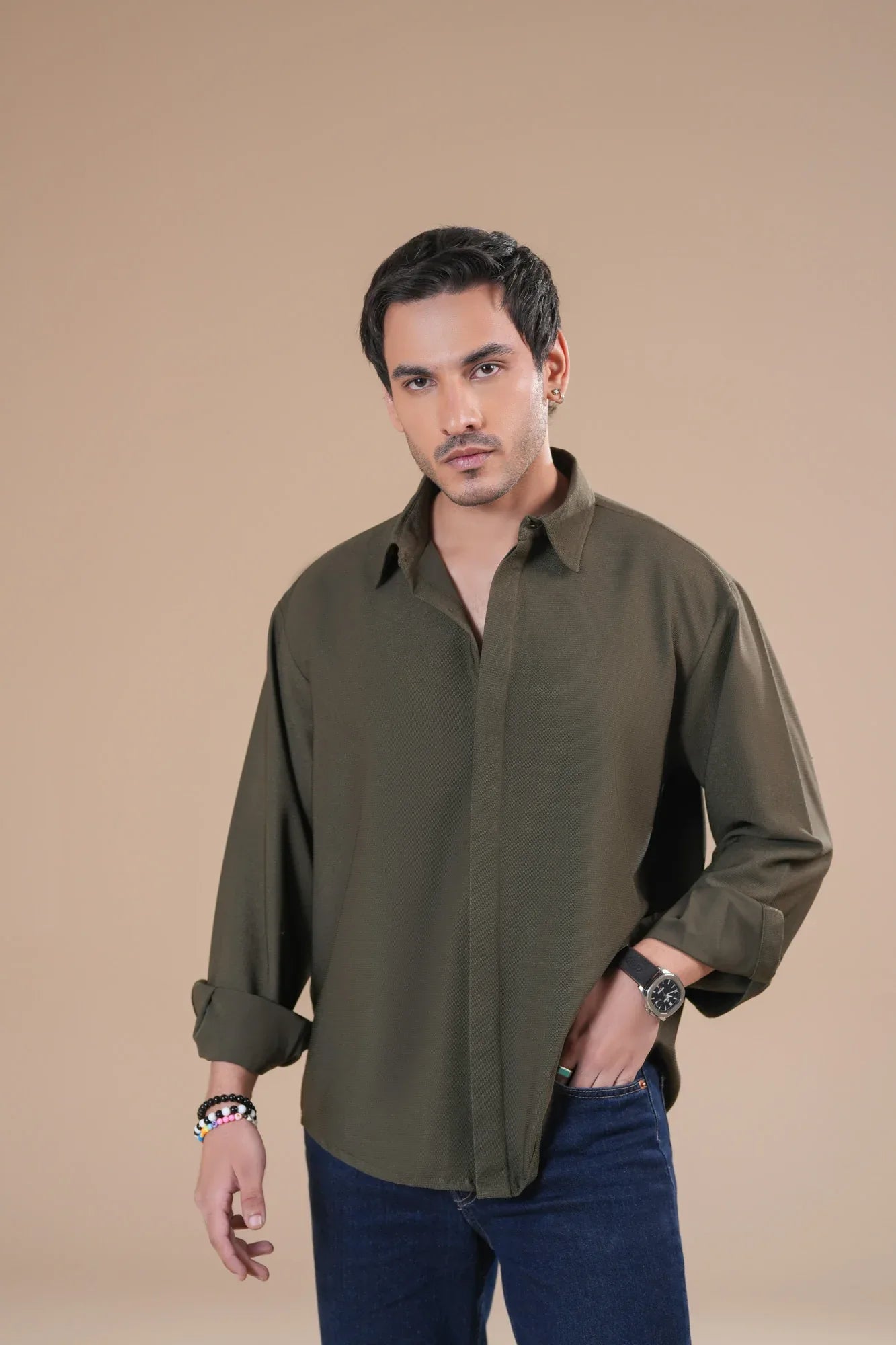 Olive Honeycomb Interlock Poplin Shirt - Men - Muraqsh -- Men Western