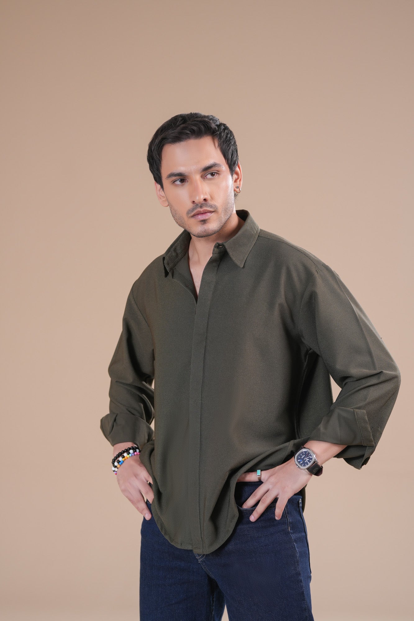 Olive Honeycomb Interlock Poplin Shirt - Men
