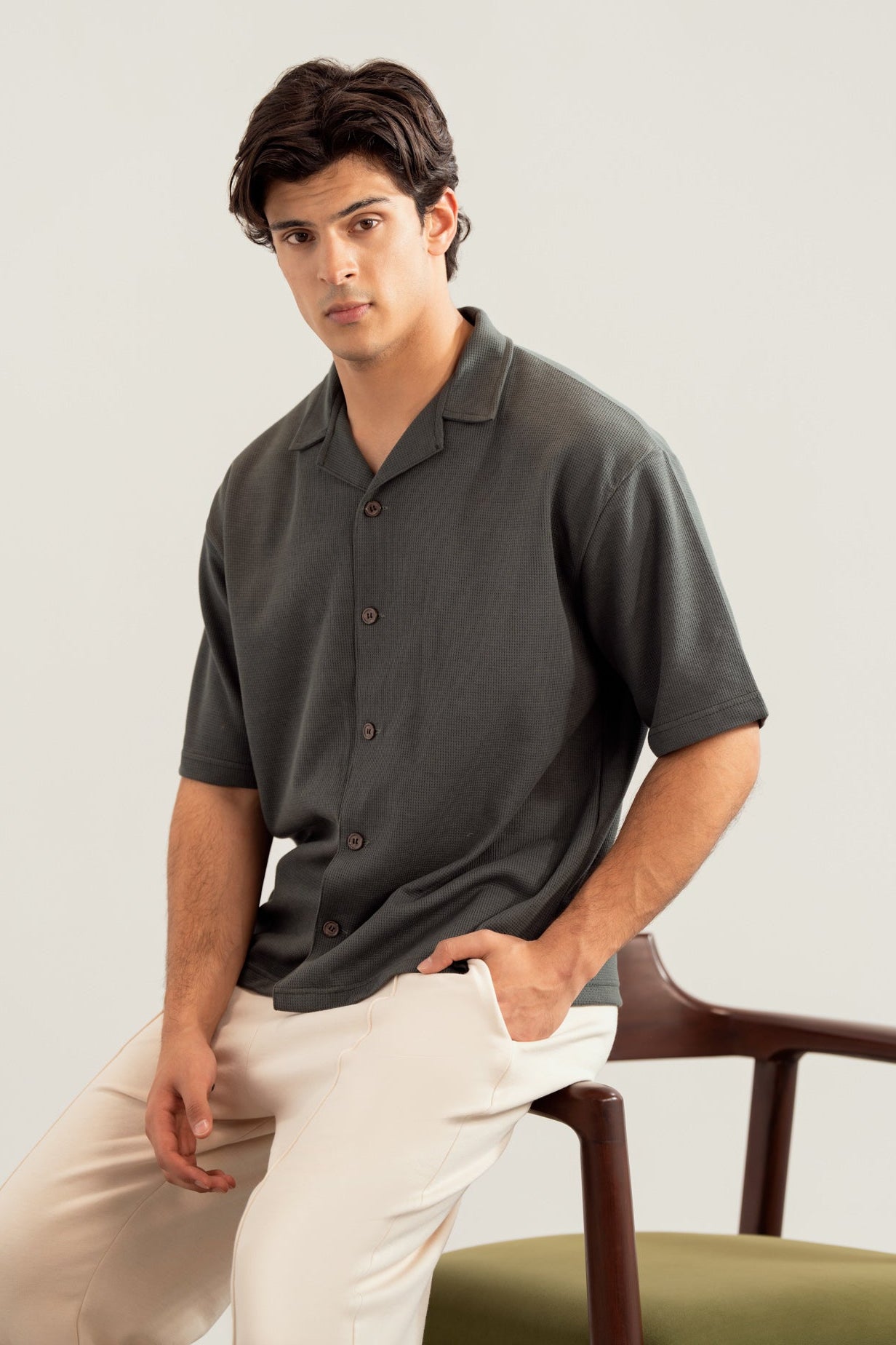 Deep Olive Waffle Boxy Revere Button Down - Men