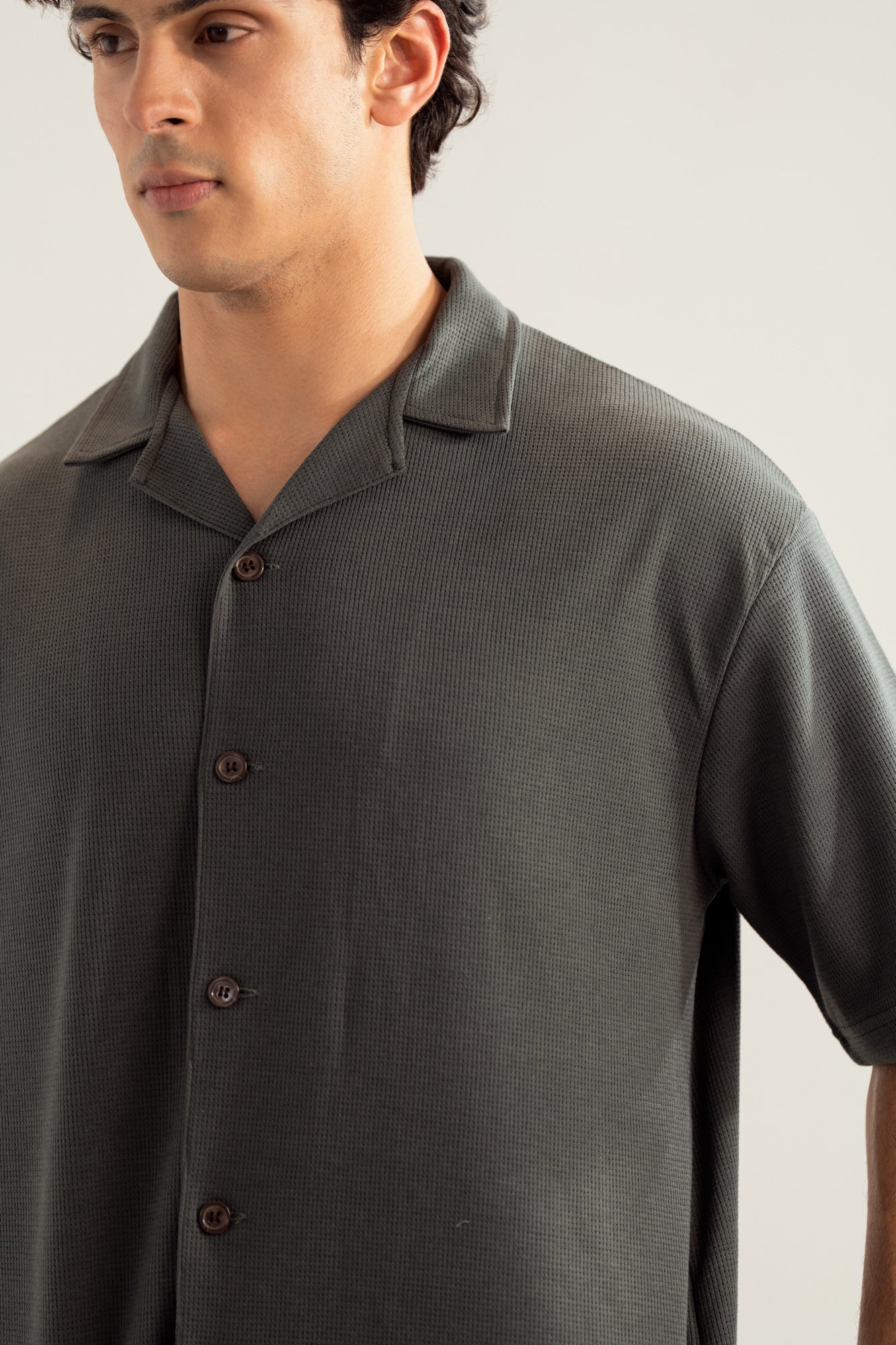 Deep Olive Waffle Boxy Revere Button Down - Men