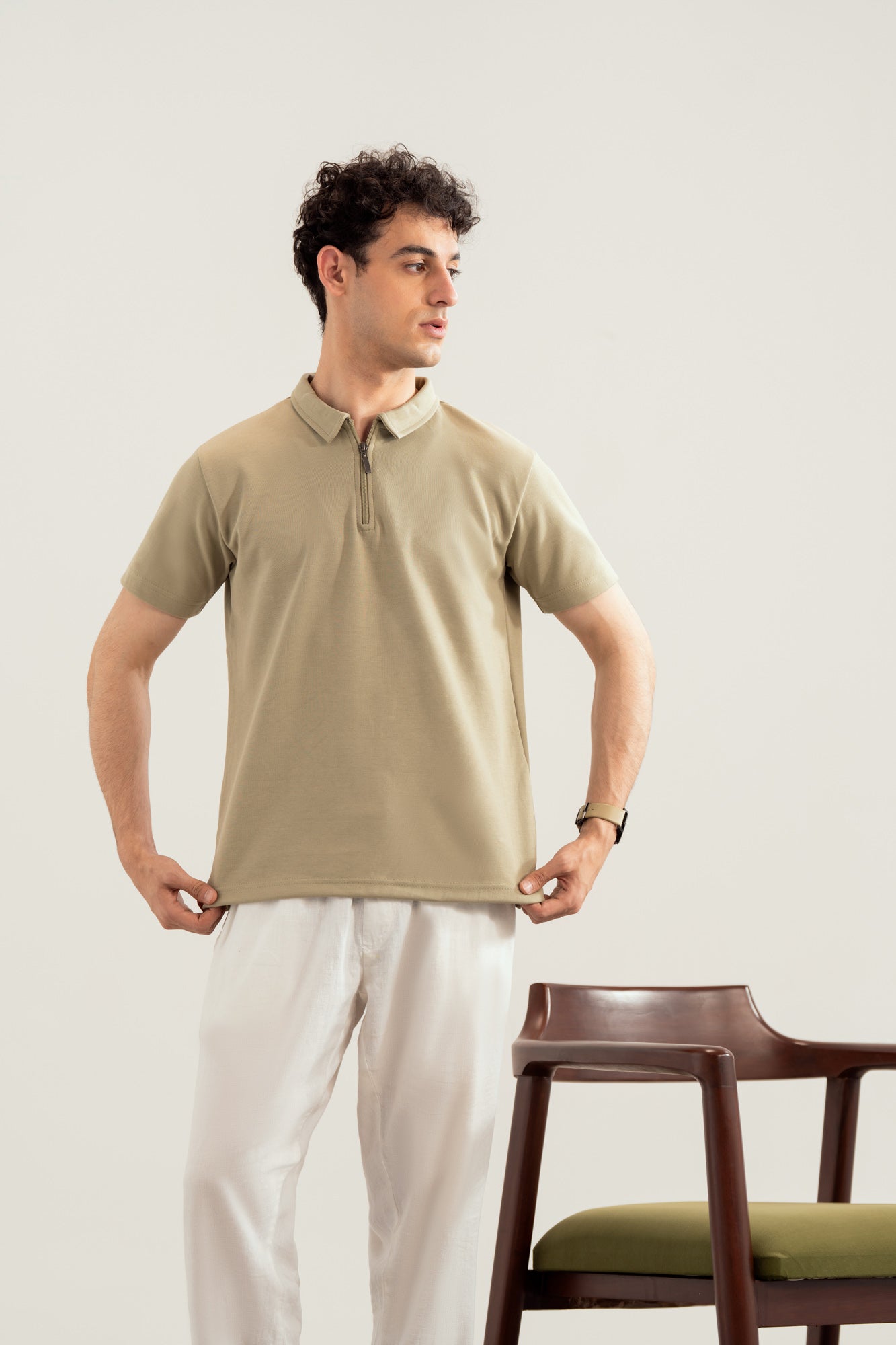 Mint Green Interlock Zipper Polo - Smart Fit - Men