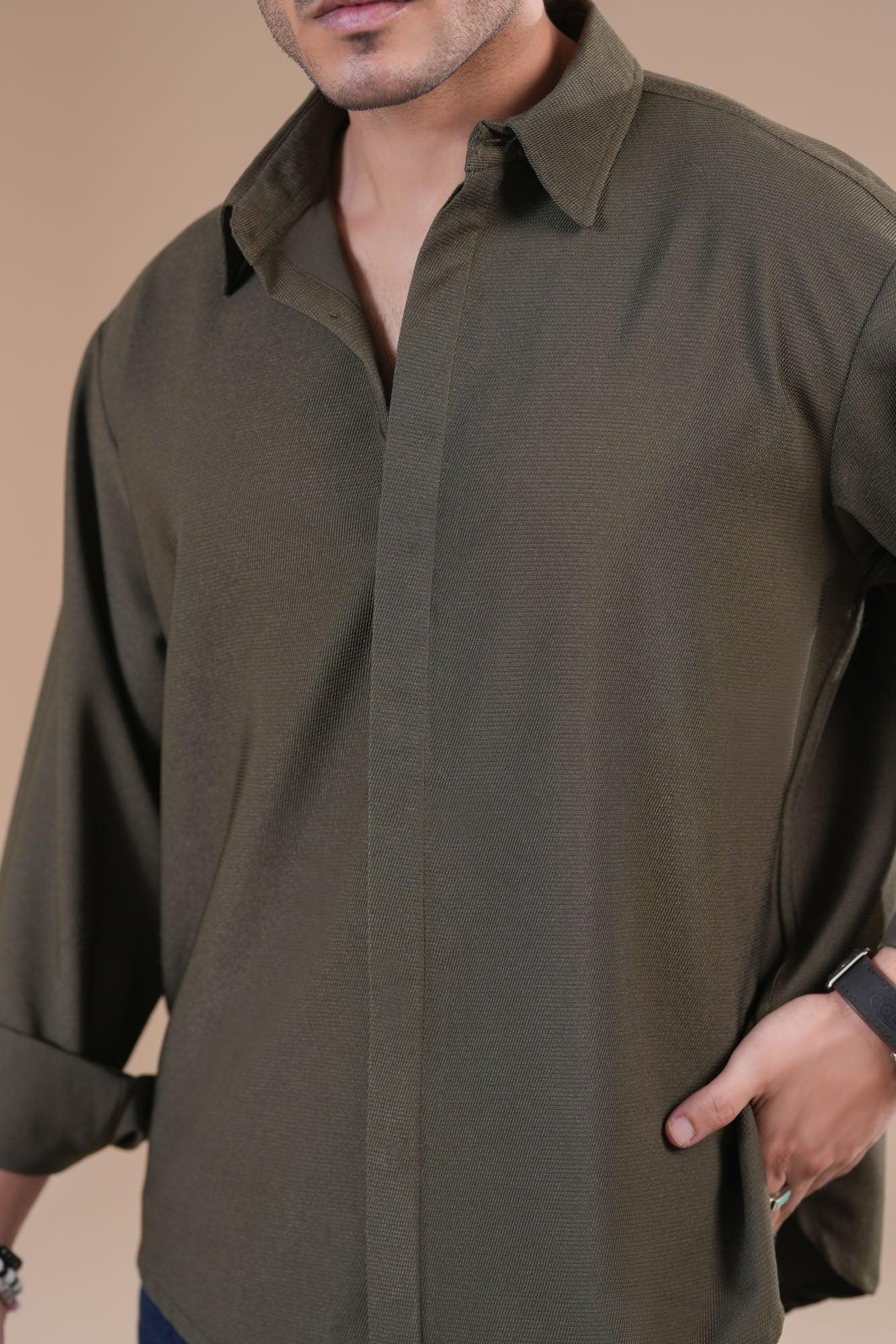 Olive Honeycomb Interlock Poplin Shirt - Men - Muraqsh -- Men Western
