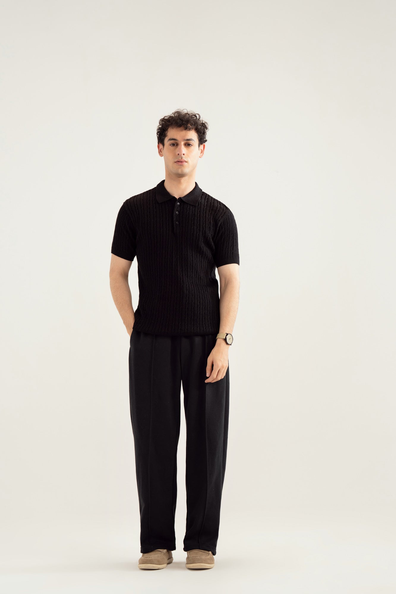 Black Cable Knit Polo - Men