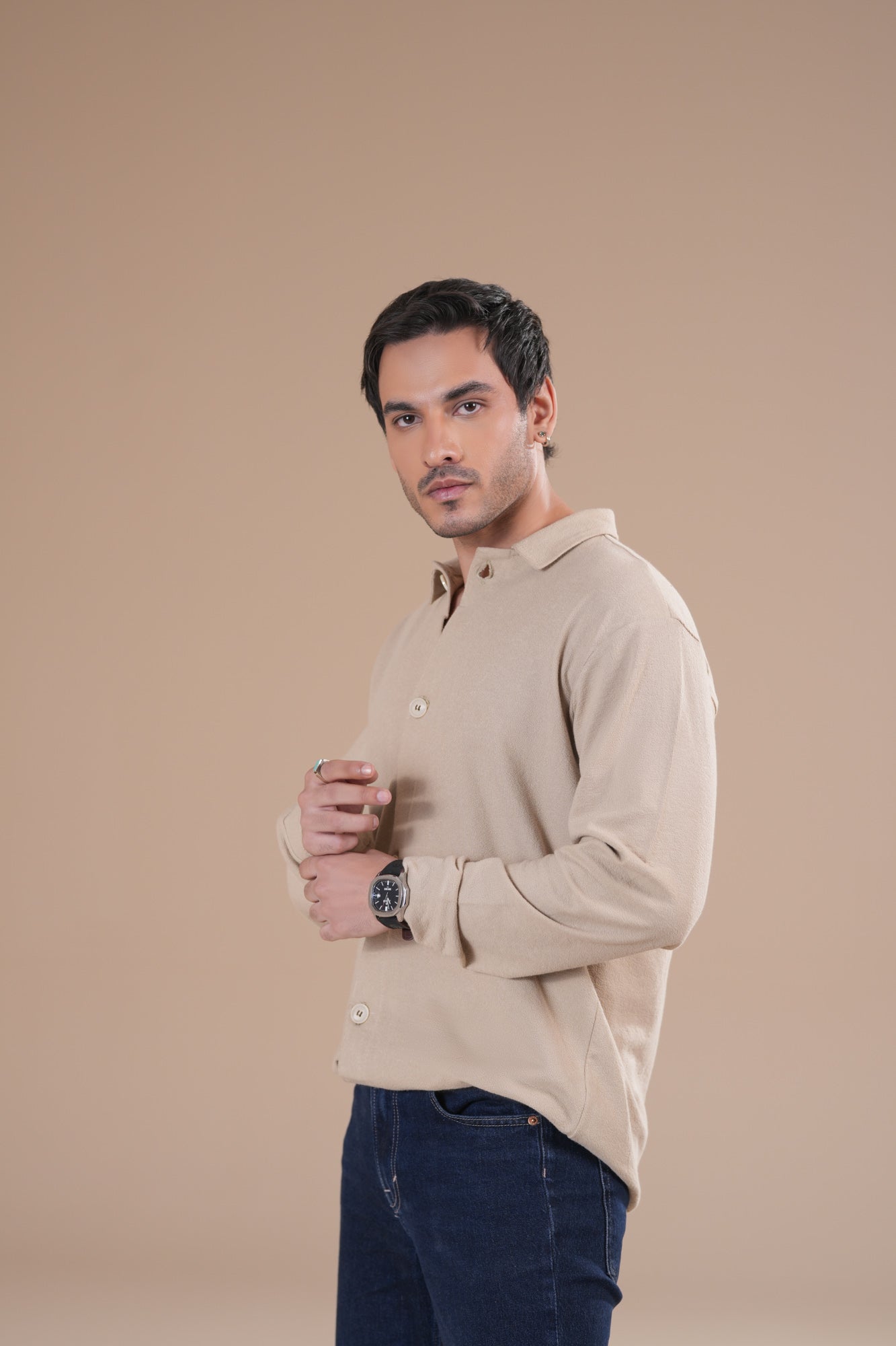 Beige Polo Collar Cardigan - Men