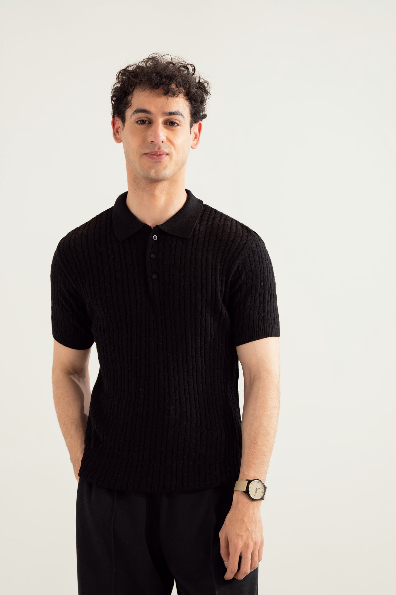 Black Cable Knit Polo - Men