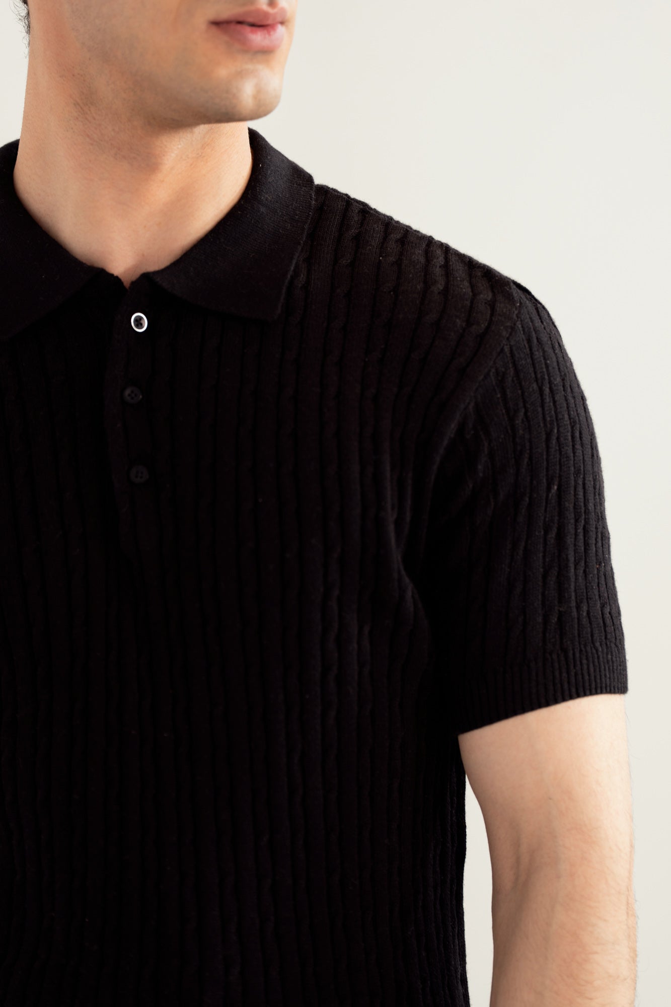 Black Cable Knit Polo - Men
