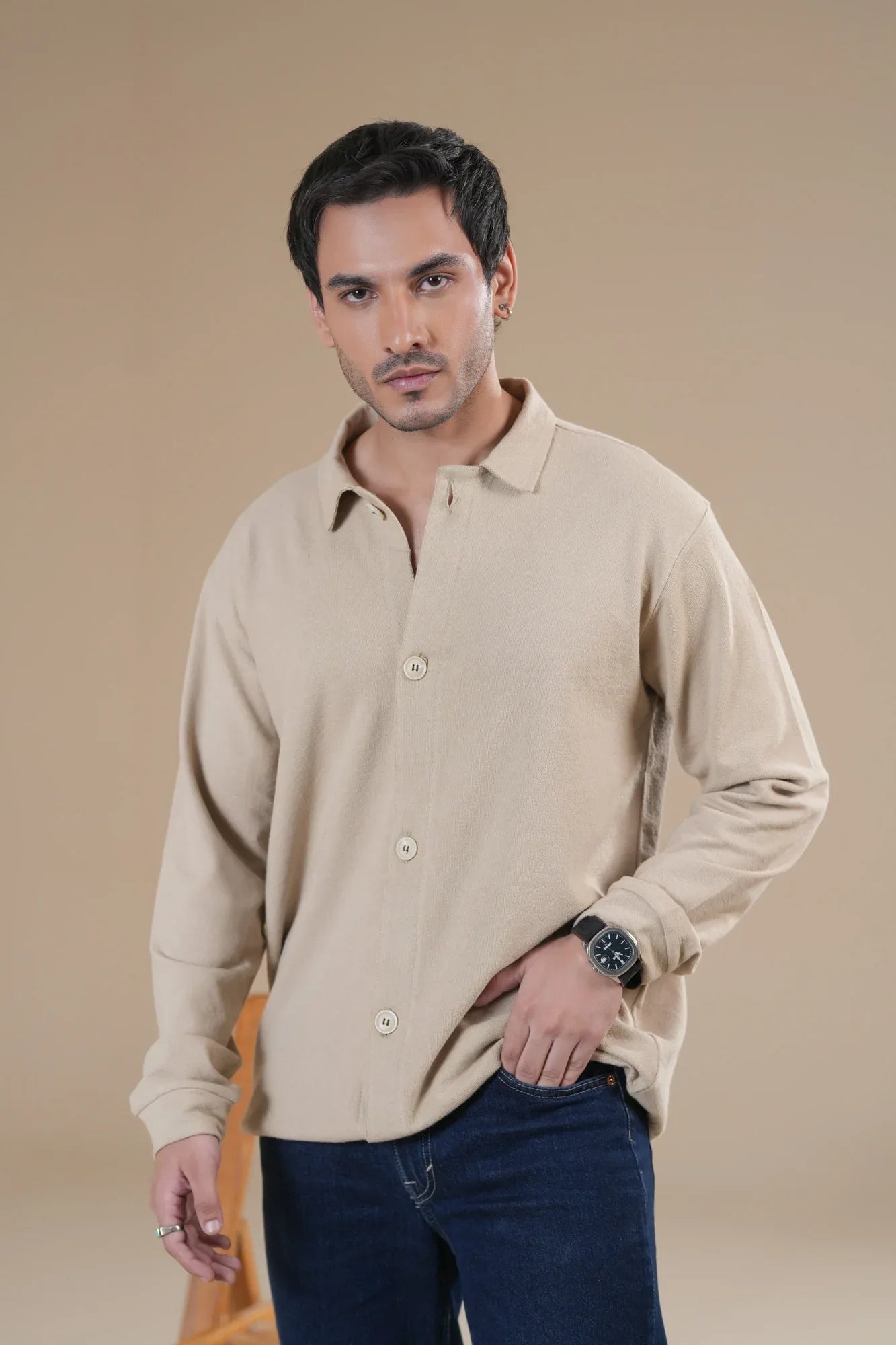 Beige Polo Collar Cardigan - Men - Muraqsh -- Men Western