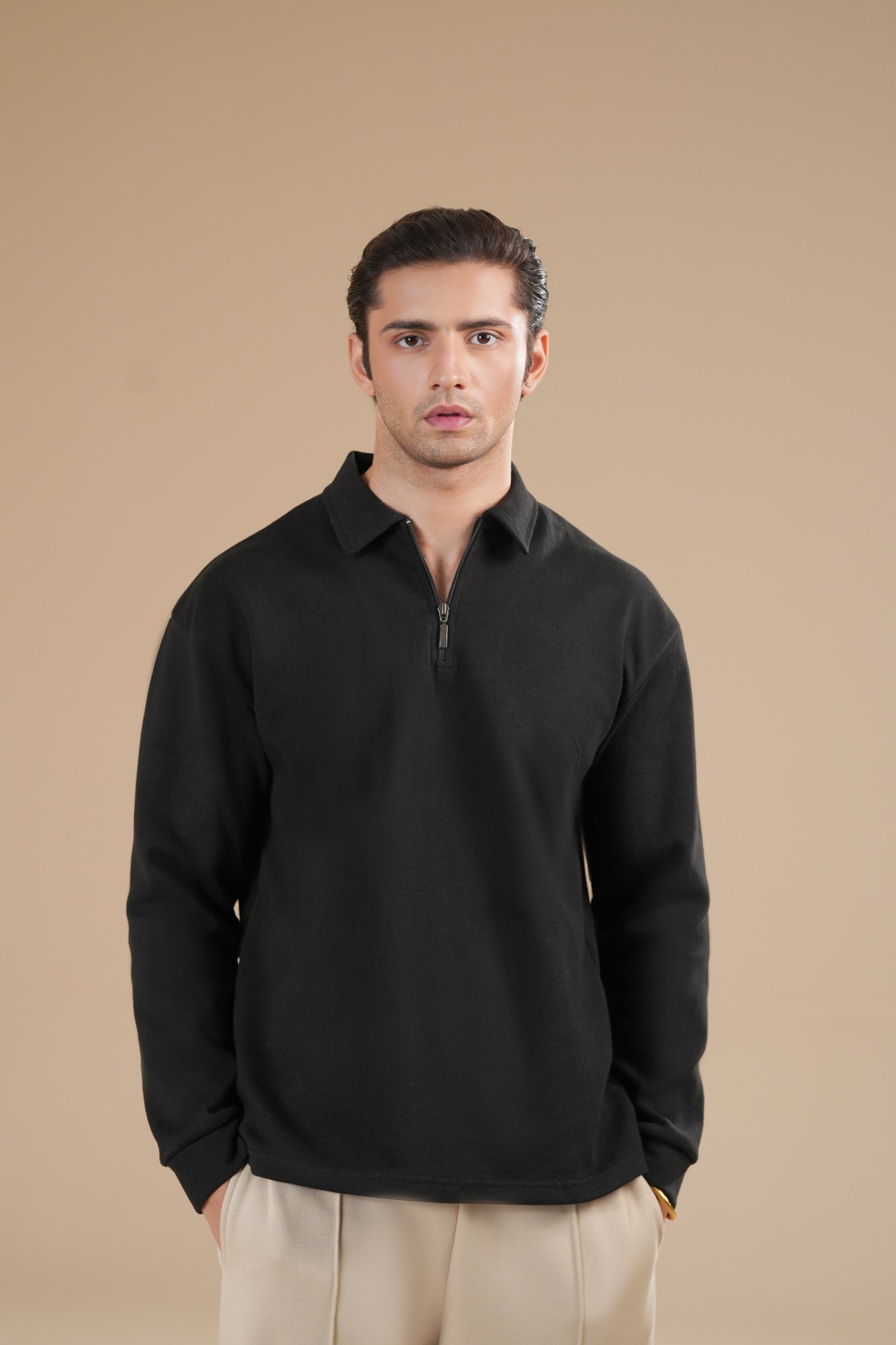Black Interlock Zipper Polo - Full Sleeves - Men