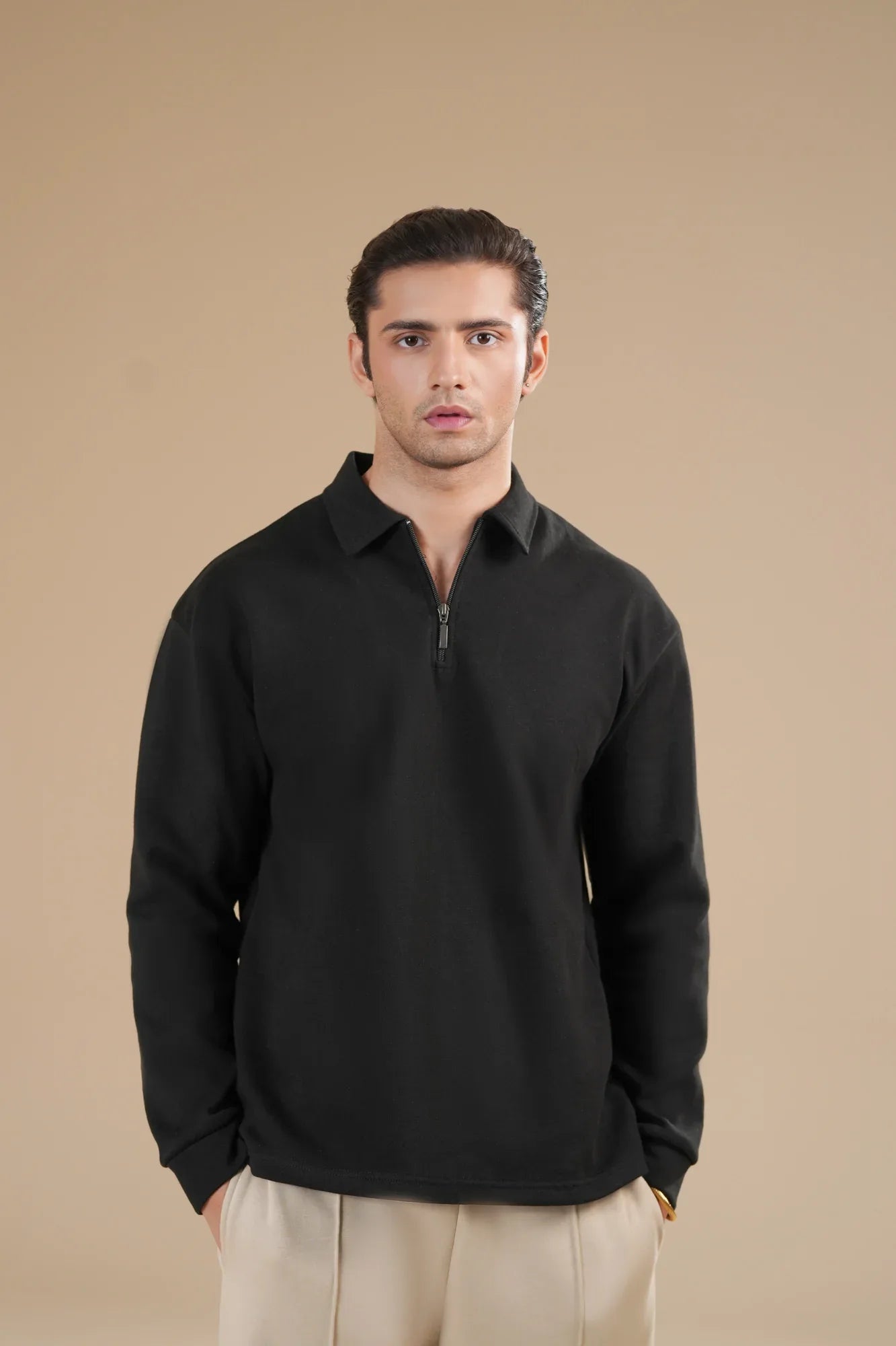 Black Interlock Zipper Polo - Full Sleeves - Men - Muraqsh -- Men Western