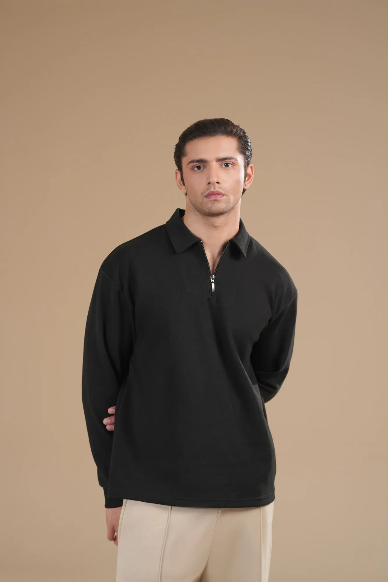 Black Interlock Zipper Polo - Full Sleeves - Men - Muraqsh -- Men Western