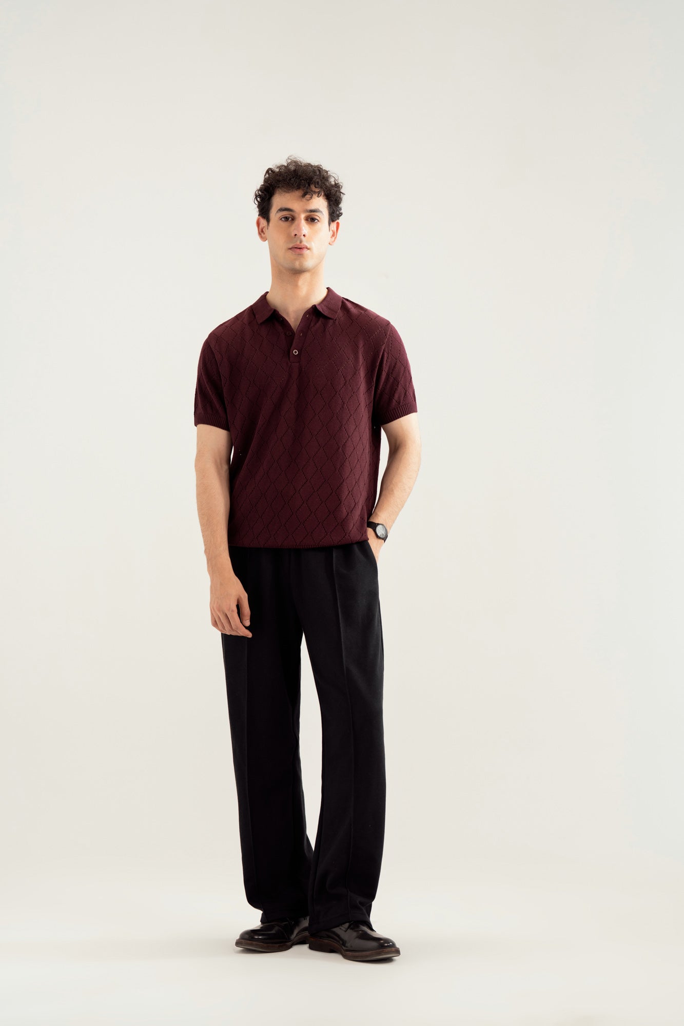 Deep Burgundy Crocheted Diamond Knitted Polo - Men