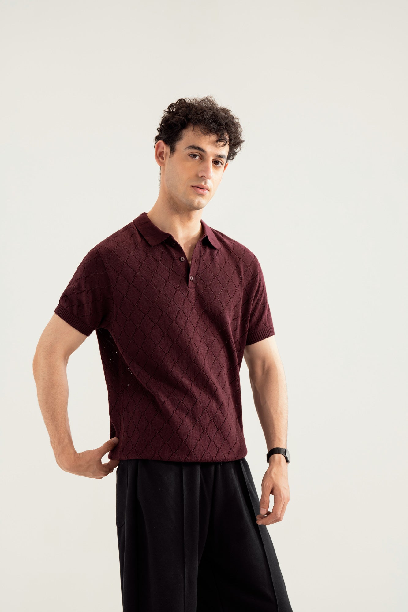 Deep Burgundy Crocheted Diamond Knitted Polo - Men