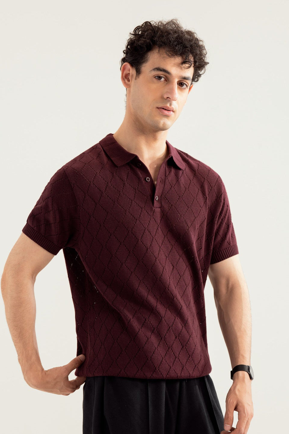 Deep Burgundy Crocheted Diamond Knitted Polo - Men