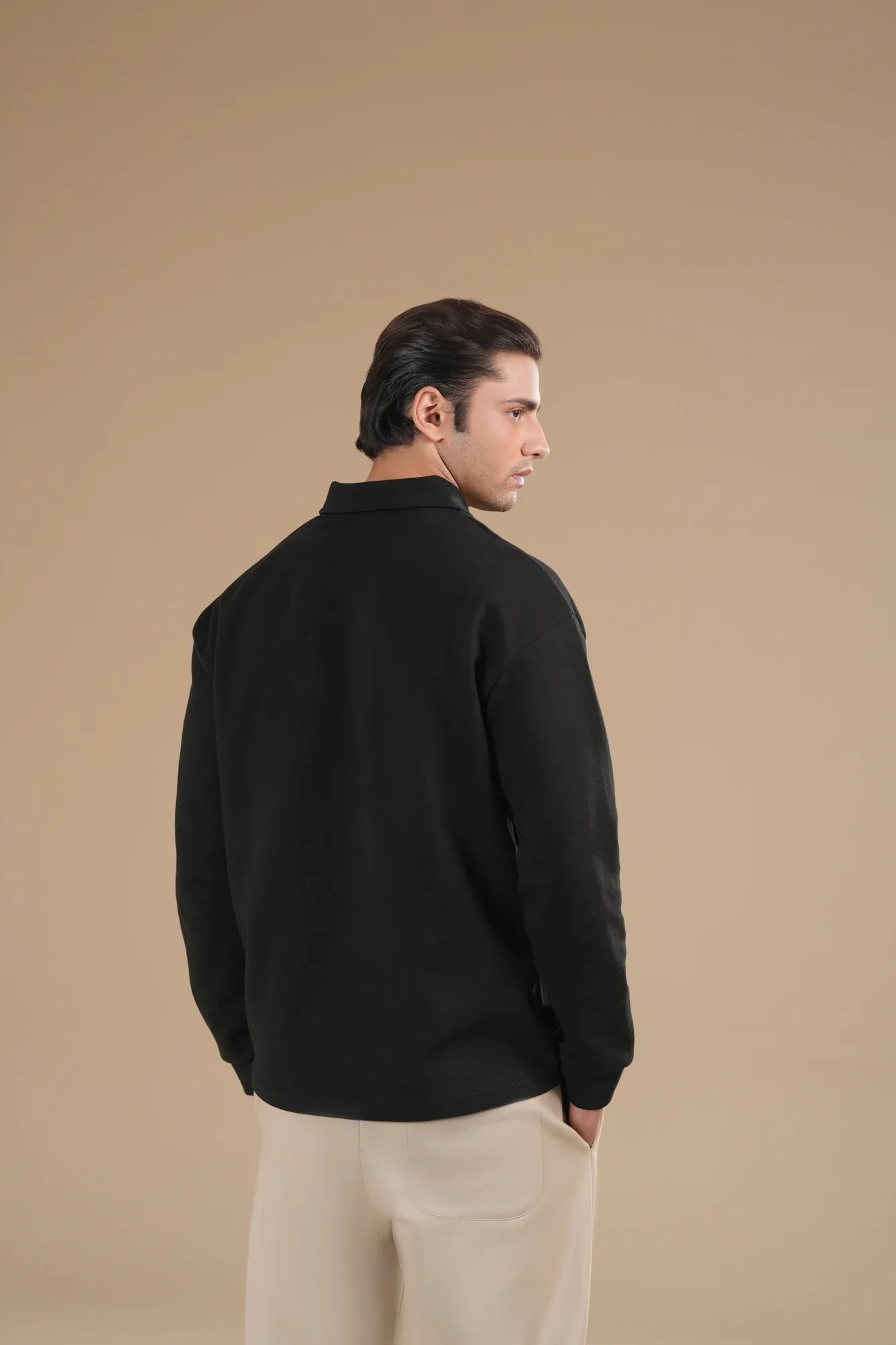 Black Interlock Zipper Polo - Full Sleeves - Men - Muraqsh -- Men Western
