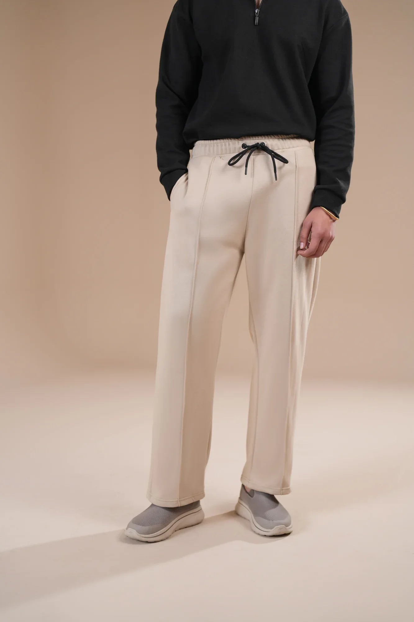 Beige Fleece Straight Fit Trouser with Drawstring - Men - Muraqsh -- Men Western